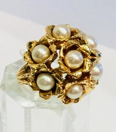Unique "Lucky 7" Pearl Flower Bouquet Yellow Gold Textured Midcentury Ring