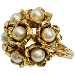 Unique "Lucky 7" Pearl Flower Bouquet Yellow Gold Textured Midcentury Ring