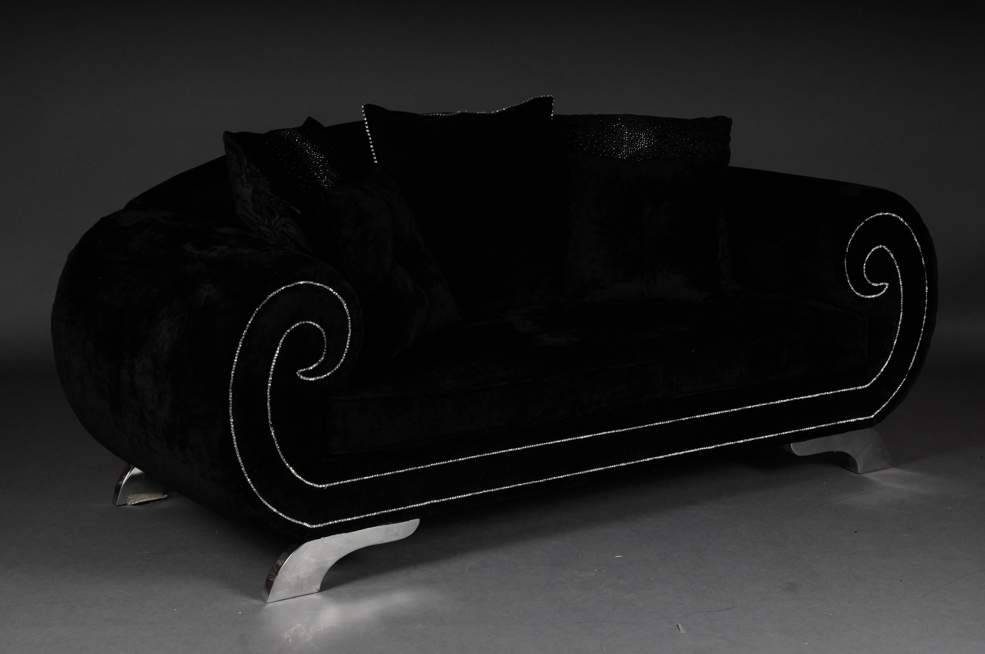 German Unique Luxurious Designer Sofa or Couch, Rhinestones, Black Velvet. Highlight For Sale