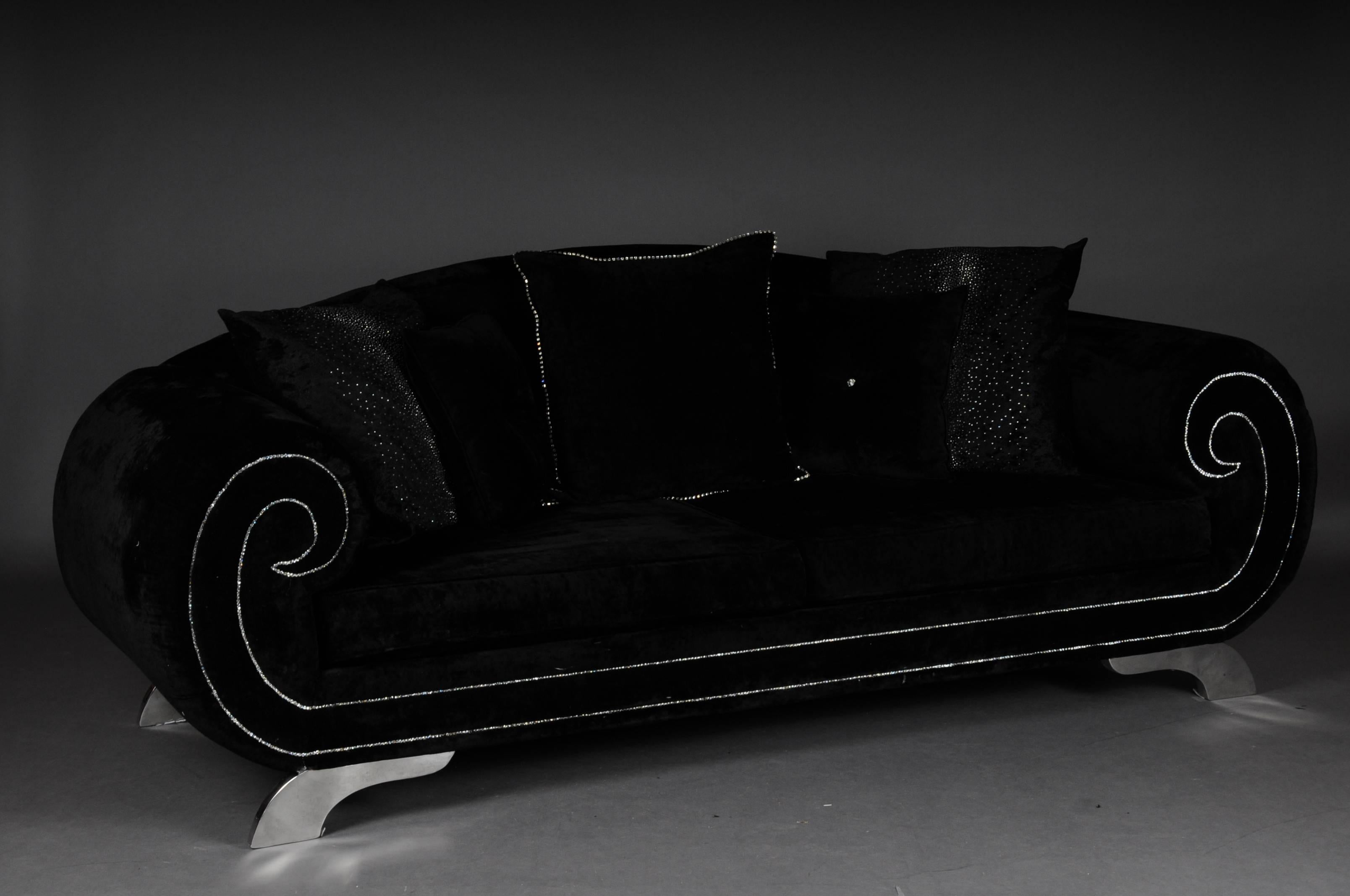 German Unique Luxurious Designer Sofa or Couch, Rhinestones, Black Velvet Highlight For Sale