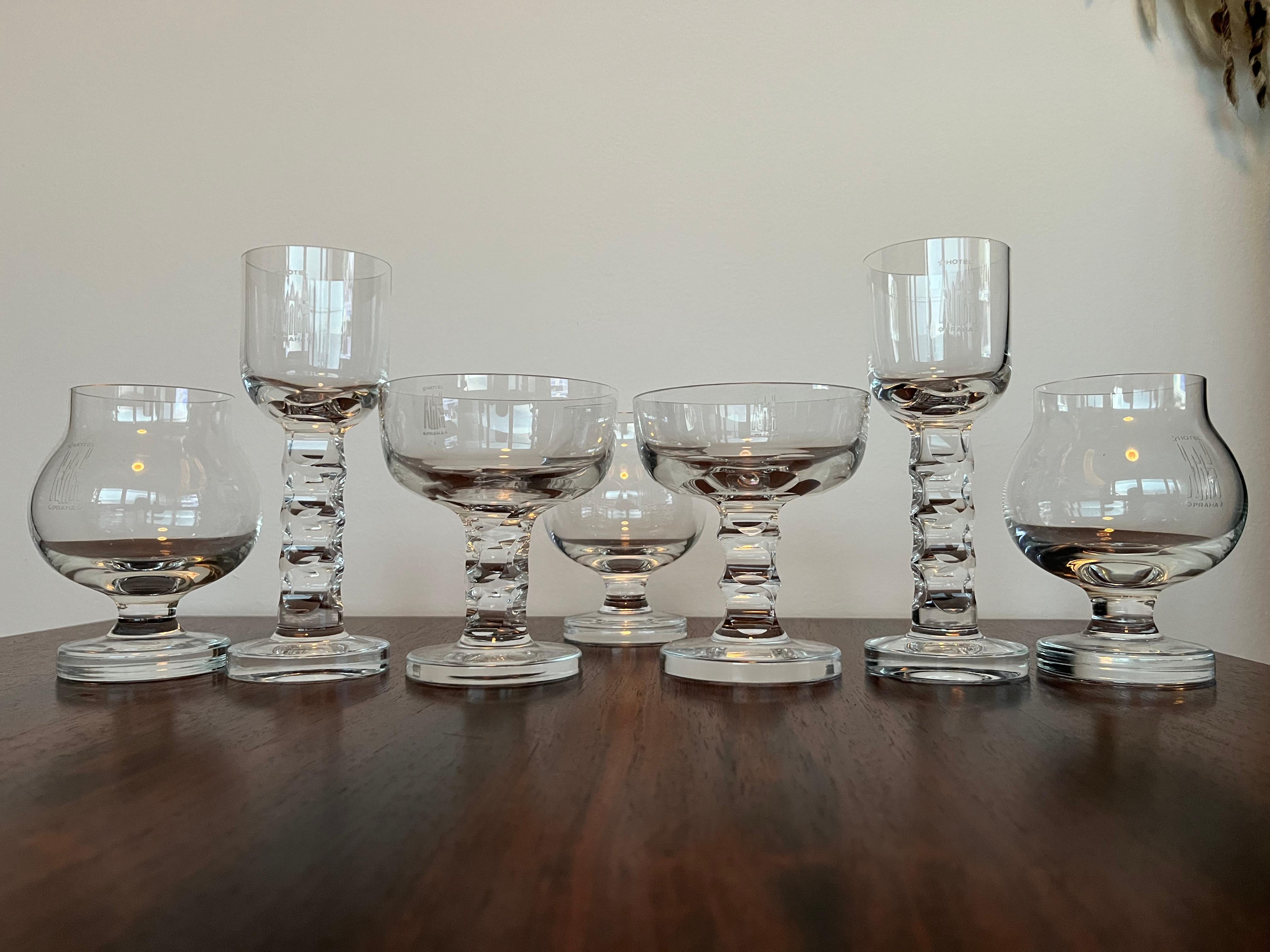 Mid-Century Modern Unique Luxurious Set of 7 Design Glasses by Moser for Hotel Prag, 1970s For Sale
