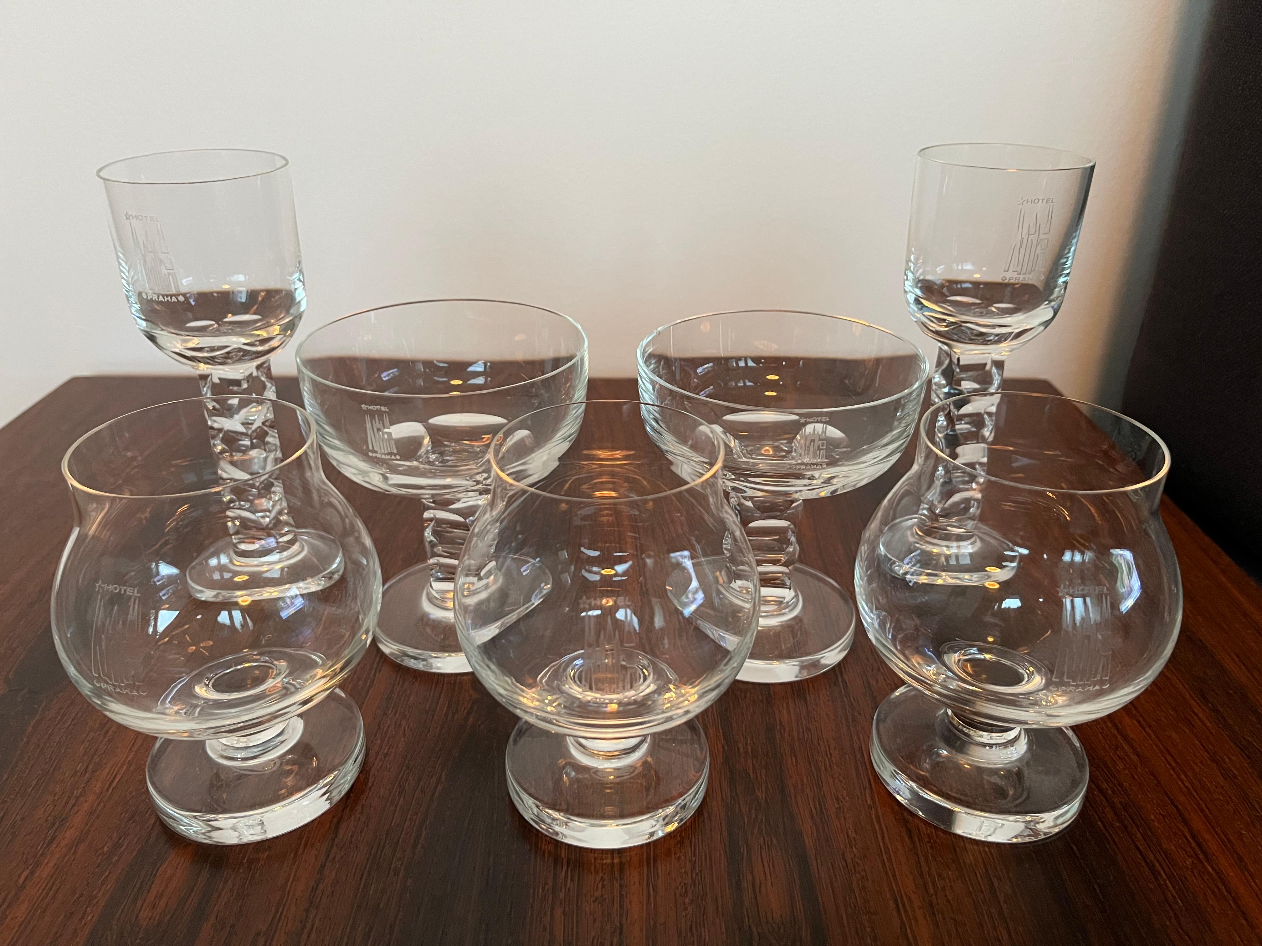 Late 20th Century Unique Luxurious Set of 7 Design Glasses by Moser for Hotel Prag, 1970s For Sale