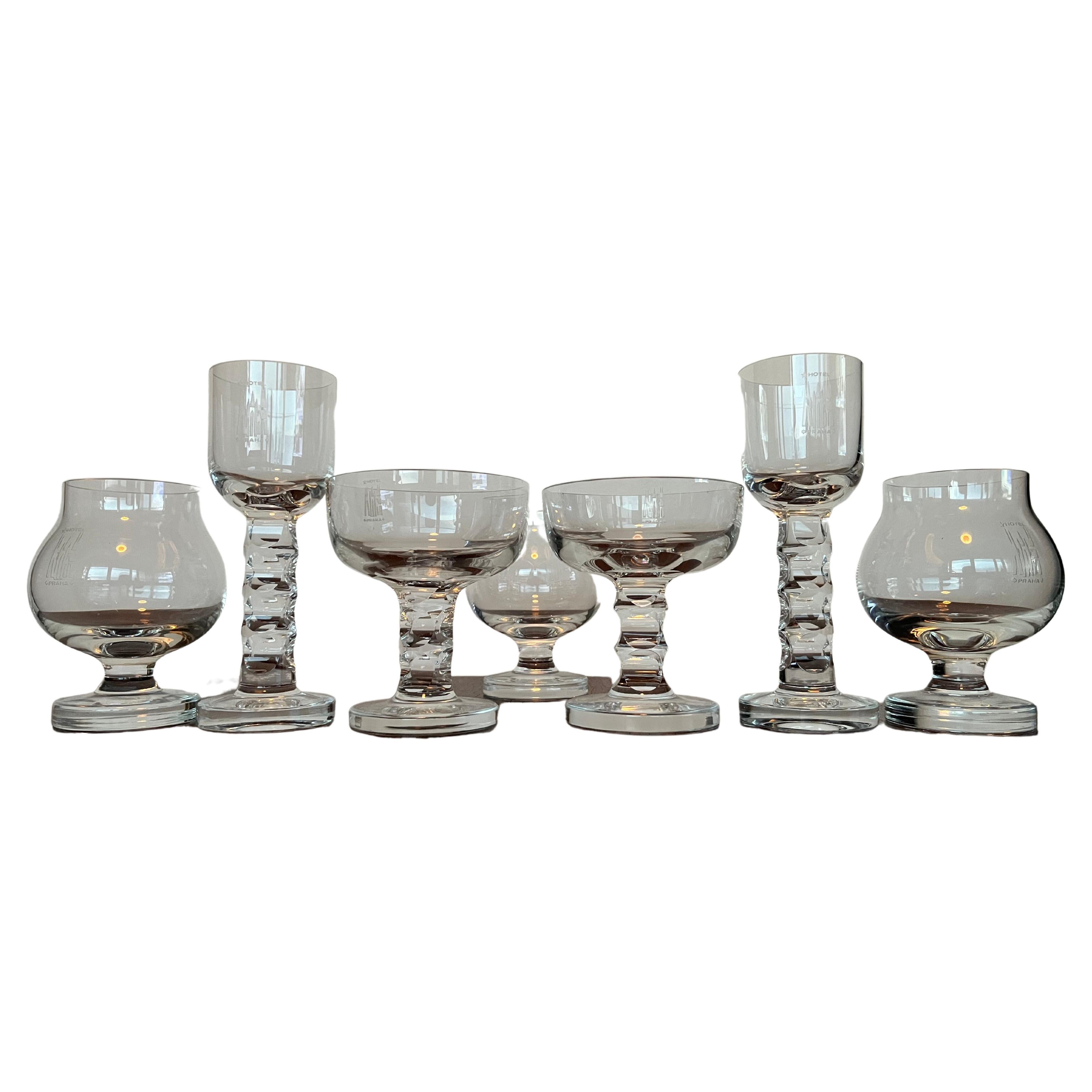 Unique Luxurious Set of 7 Design Glasses by Moser for Hotel Prag, 1970s For Sale
