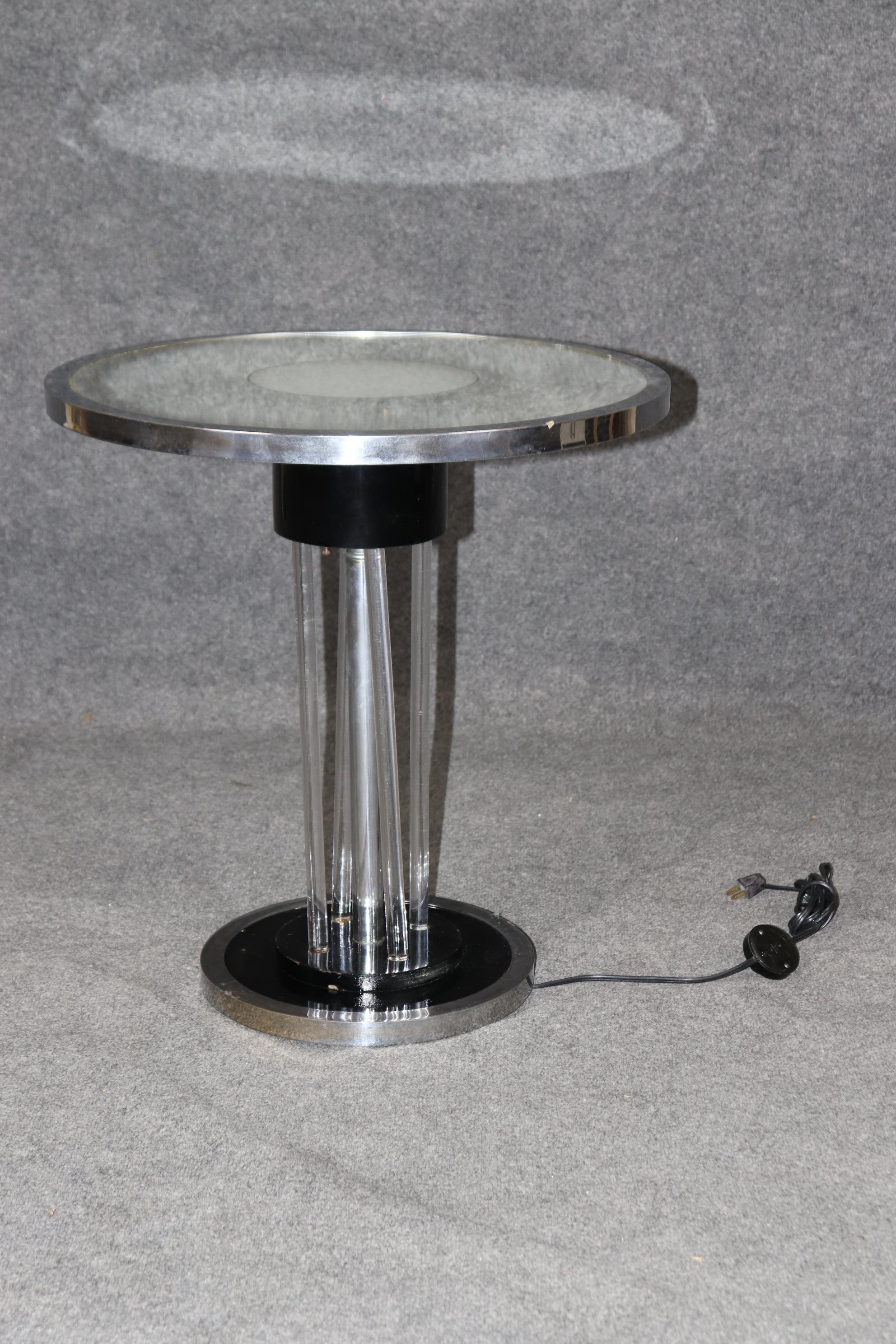 Unique Machine Age or Art Deco Glass and Chrome Lighted Pedestal Table In Good Condition For Sale In Swedesboro, NJ