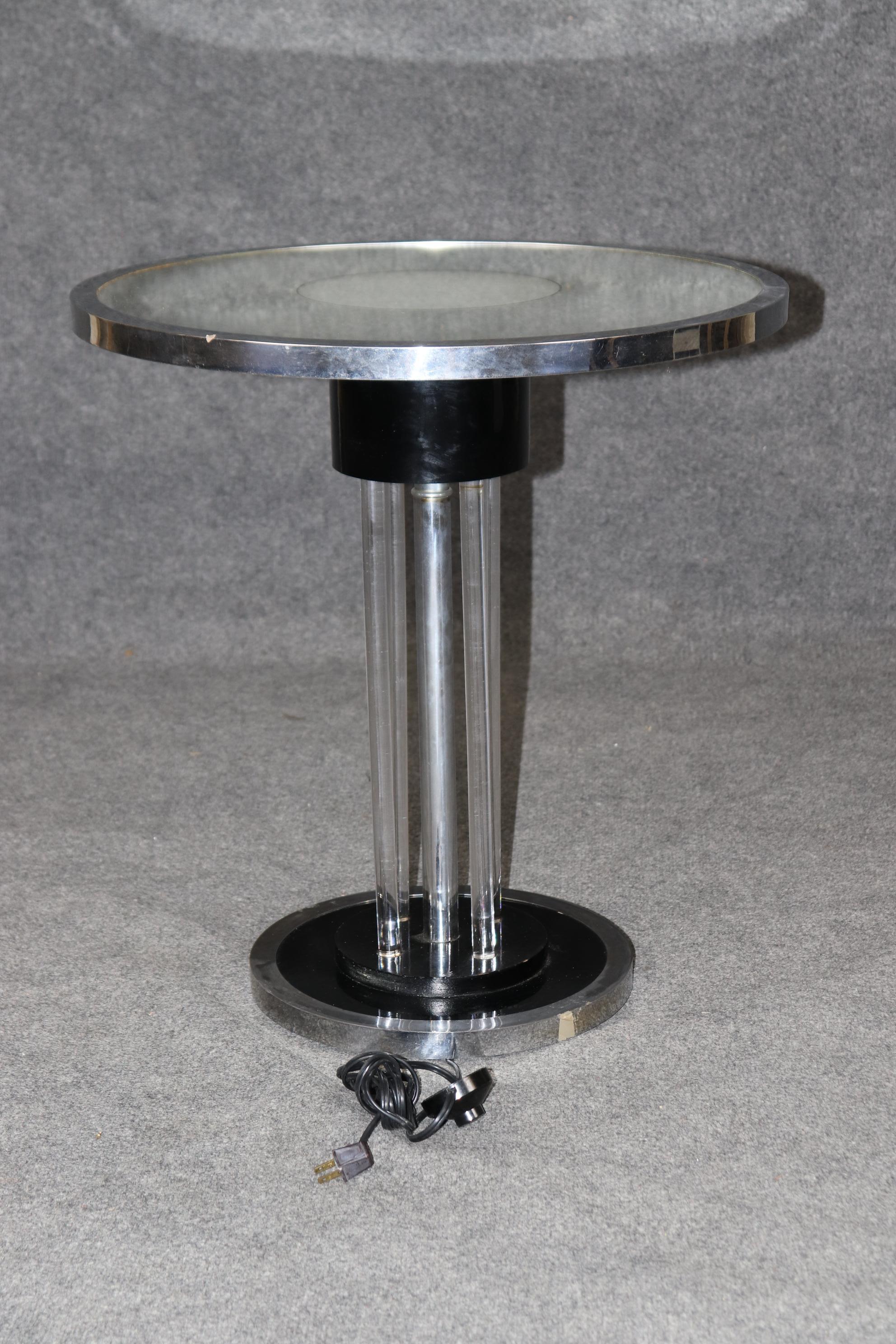 Mid-20th Century Unique Machine Age or Art Deco Glass and Chrome Lighted Pedestal Table For Sale