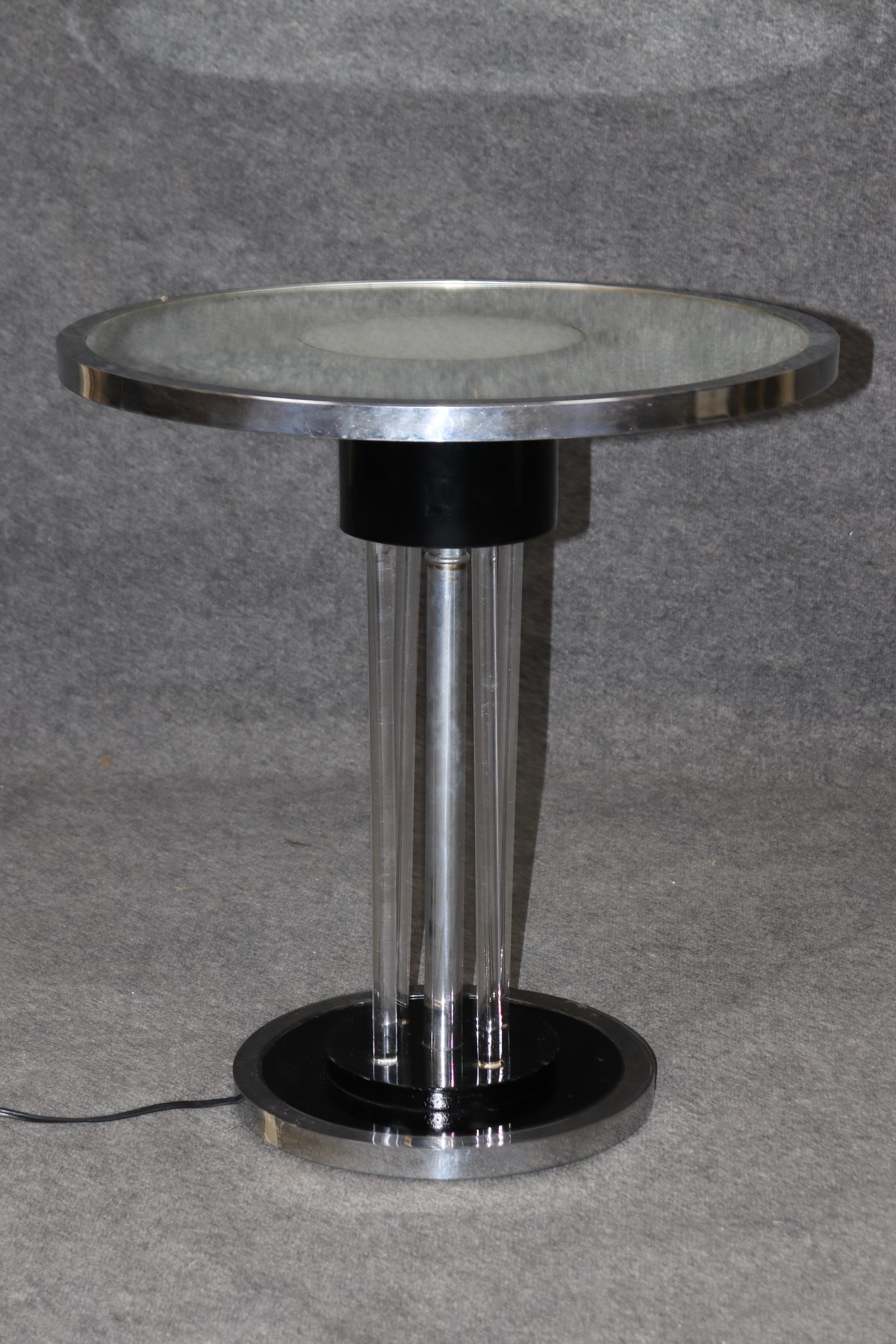 Steel Unique Machine Age or Art Deco Glass and Chrome Lighted Pedestal Table For Sale