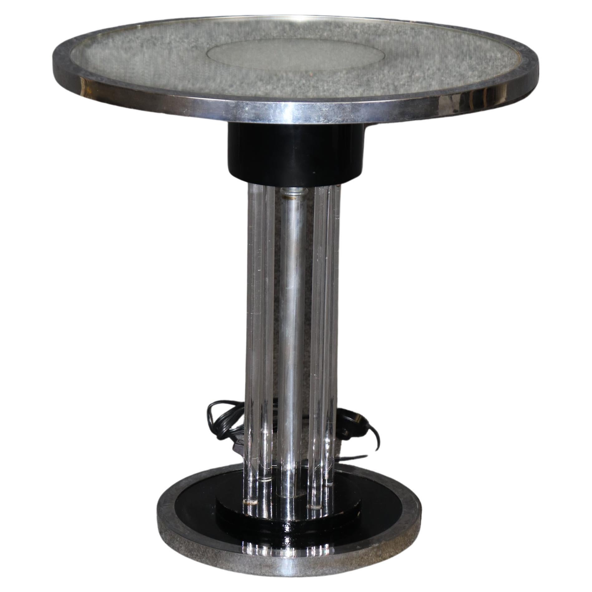 Unique Machine Age or Art Deco Glass and Chrome Lighted Pedestal Table For Sale
