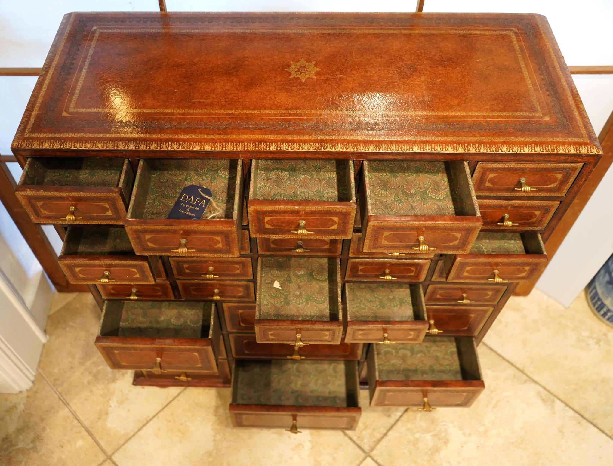 Unique Maitland Smith Tooled Leather 34 Drawer Chest of Drawers In Good Condition In Ft. Lauderdale, FL