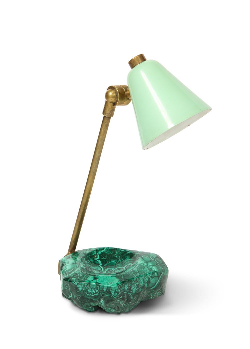 Painted aluminum, brass, malachite lamp by Fedele Papagni. Fantastic table lamp of re-purposed vintage materials combined to create a small series of one-off desk lamps. Wiring and socket have been recently updated.