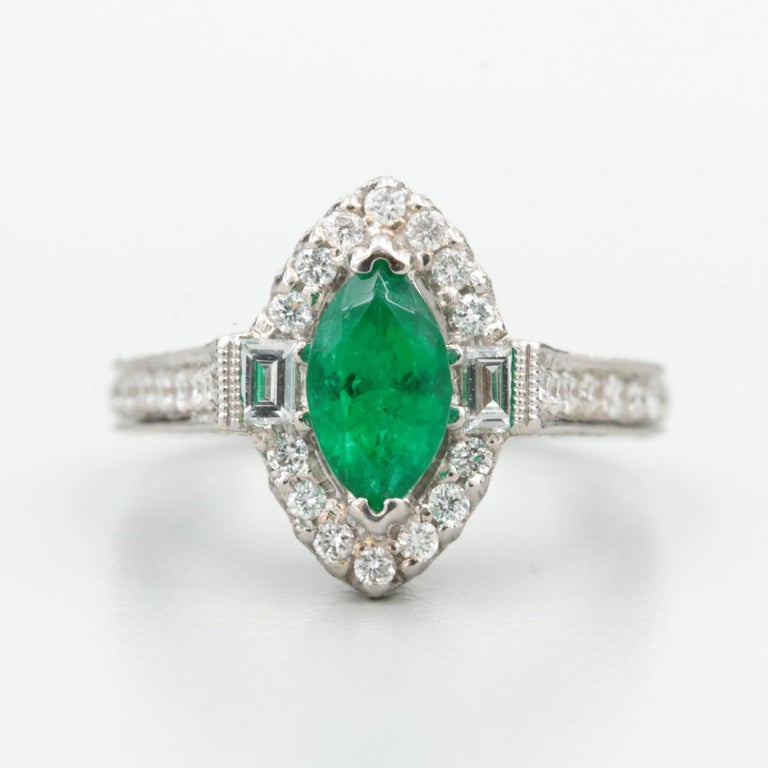 Customizable Unique Marquise Cut Emerald Engagement Ring, Antique