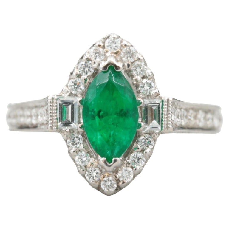 Customizable Unique Marquise Cut Emerald Engagement Ring, Antique