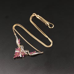 Unique Marquise Cut Ruby Diamonds Chevron Necklace,  18K Yellow Gold