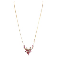 Unique Marquise Cut Ruby Diamonds Chevron Necklace, 18K Yellow Gold