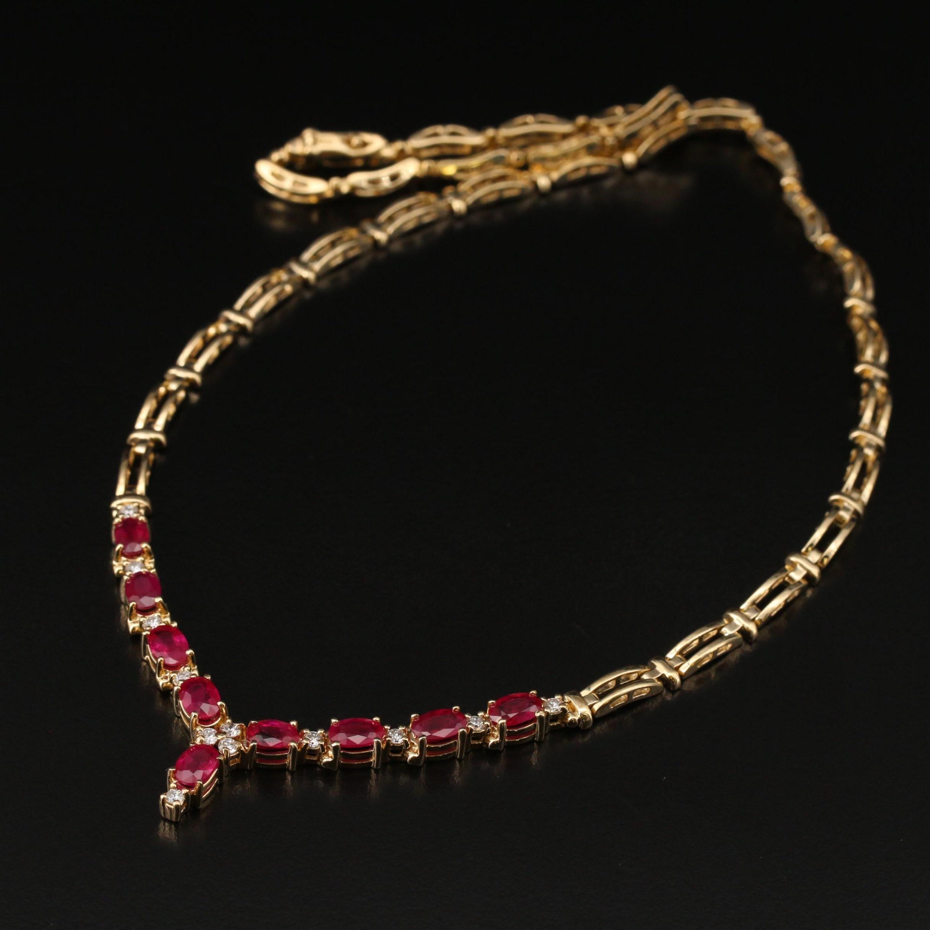 Unique Marquise Cut Ruby Diamonds Gold Necklace, 18K Yellow Gold For Sale 1