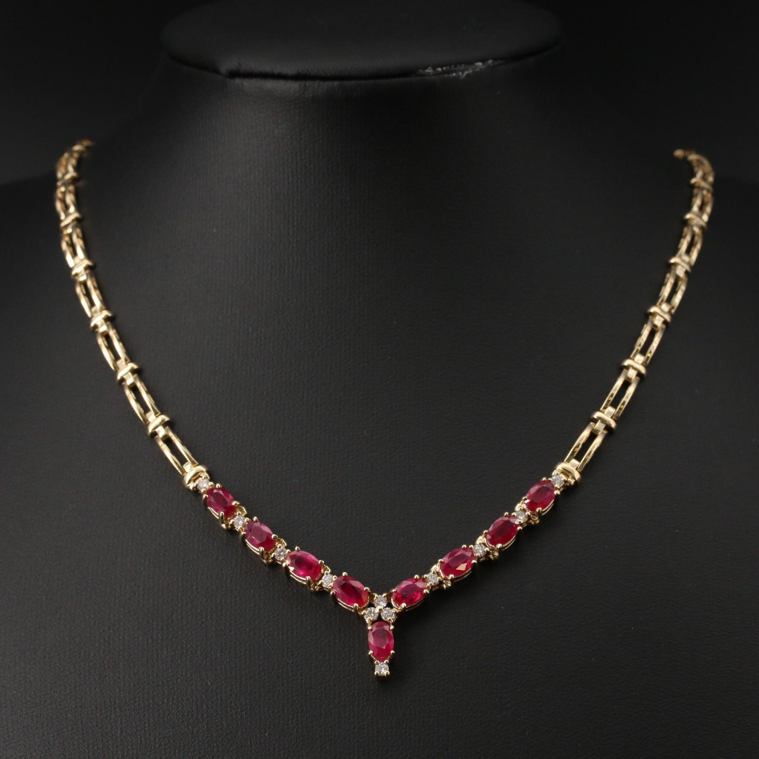 Unique Marquise Cut Ruby Diamonds Gold Necklace, 18K Yellow Gold For Sale