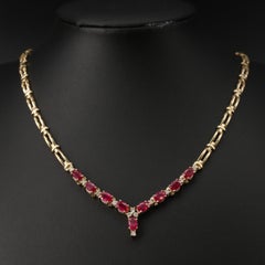 Unique Marquise Cut Ruby Diamonds Gold Necklace, 18K Yellow Gold
