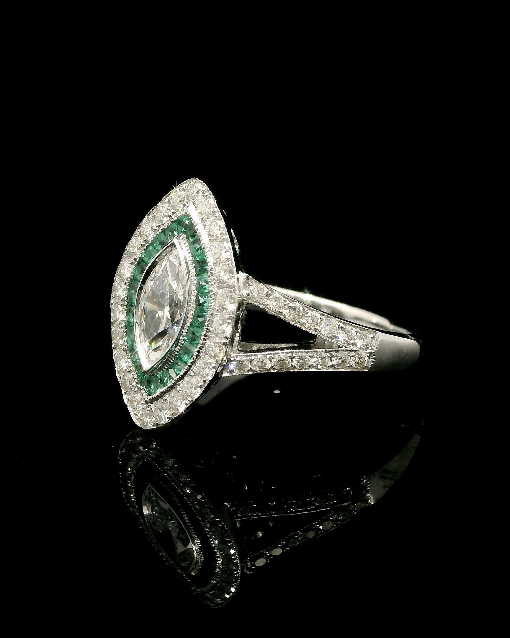 Unique Marquise Diamond Cocktail Ring With Pave Green Emeralds For Sale 6