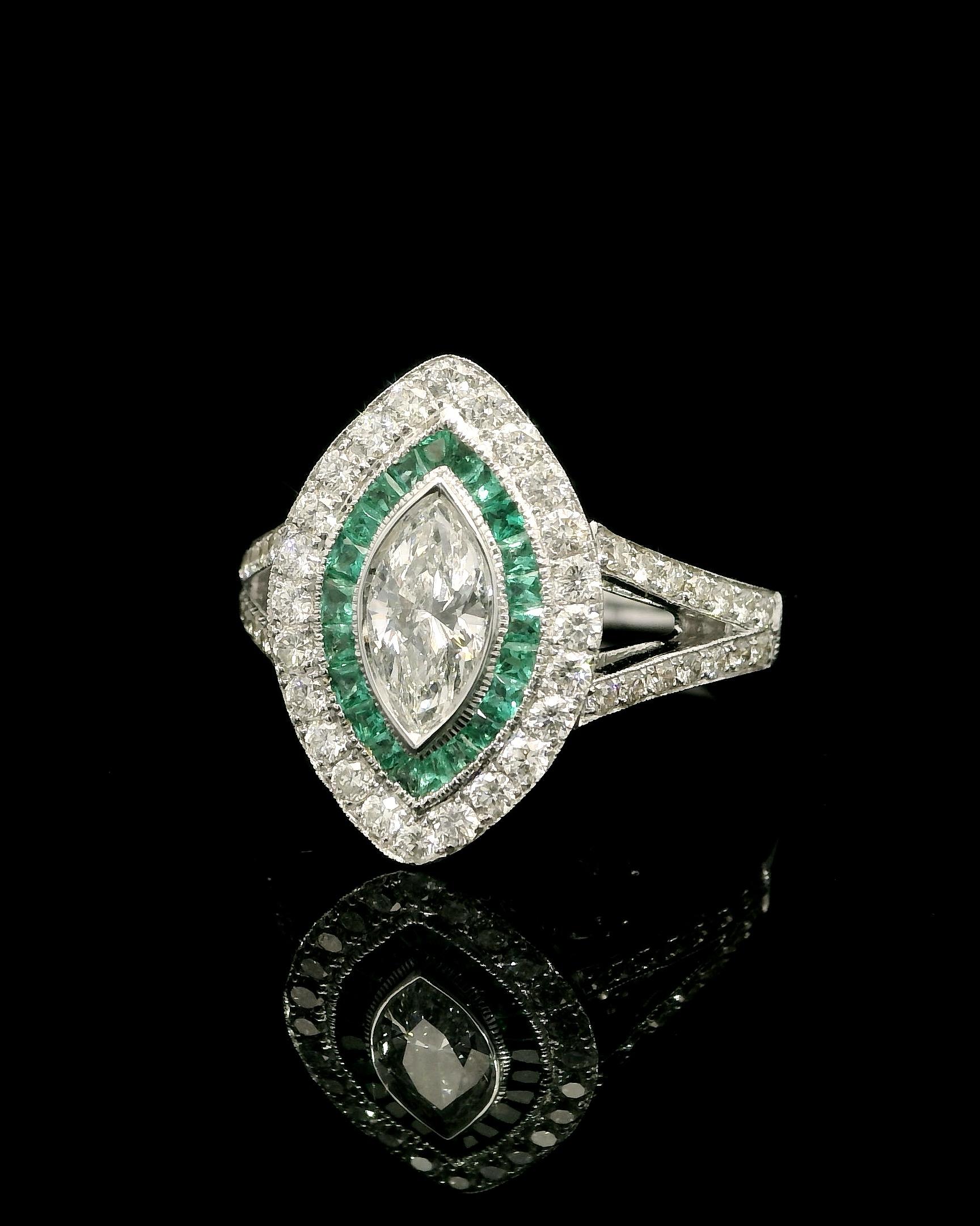 Unique Marquise Diamond Cocktail Ring With Pave Green Emeralds For Sale 7