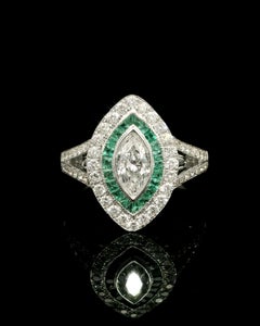Unique Marquise Diamond Cocktail Ring With Pave Green Emeralds