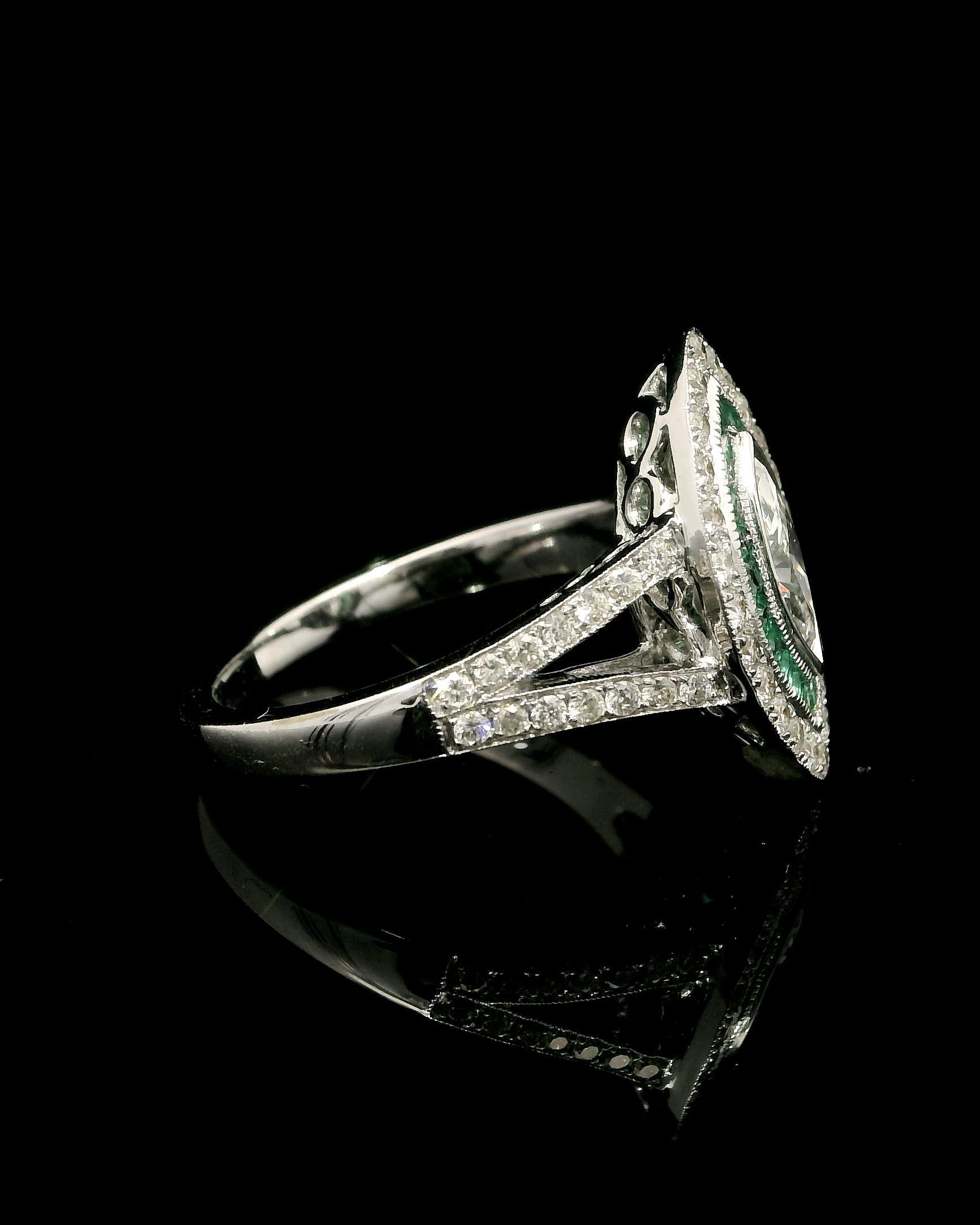 Women's or Men's Unique Marquise Diamond Cocktail Ring With Pave Green Emeralds For Sale