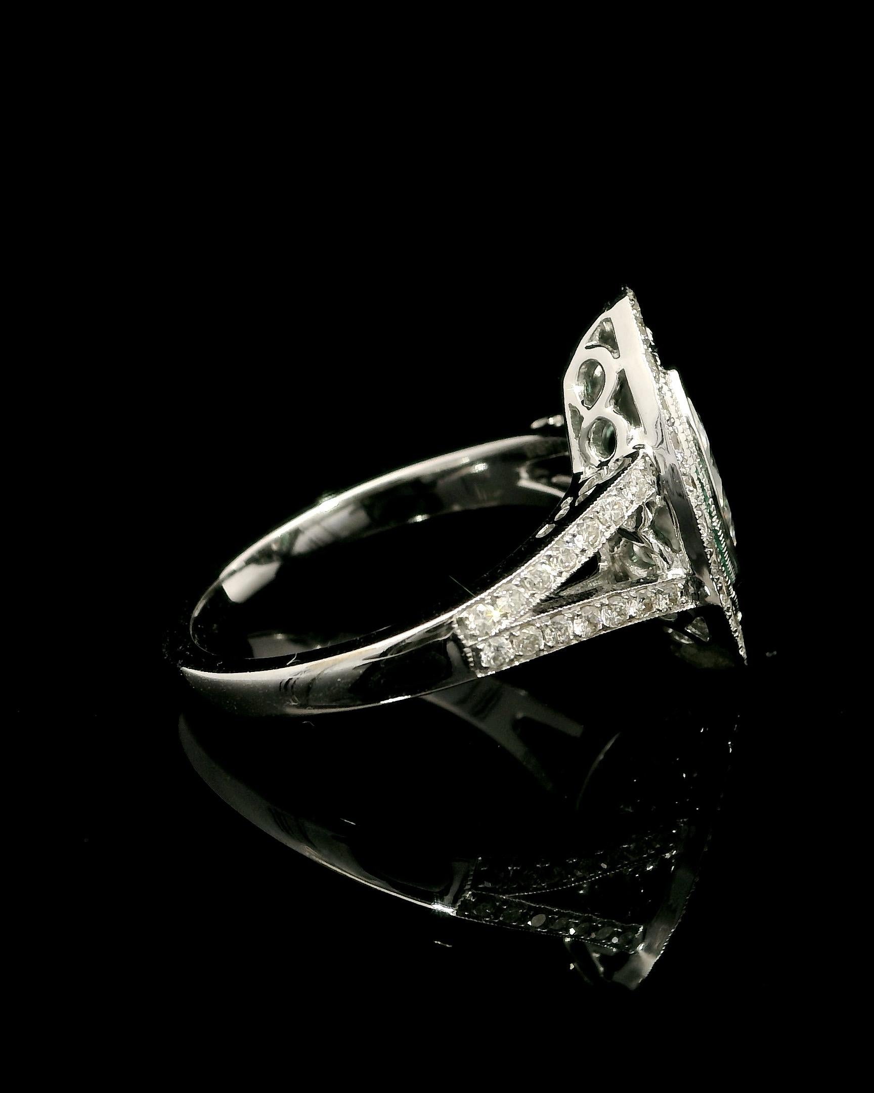 Unique Marquise Diamond Cocktail Ring With Pave Green Emeralds For Sale 1