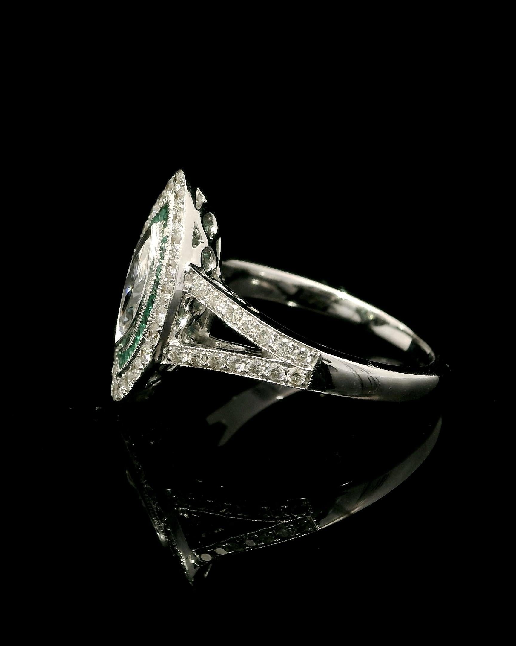 Unique Marquise Diamond Cocktail Ring With Pave Green Emeralds For Sale 3