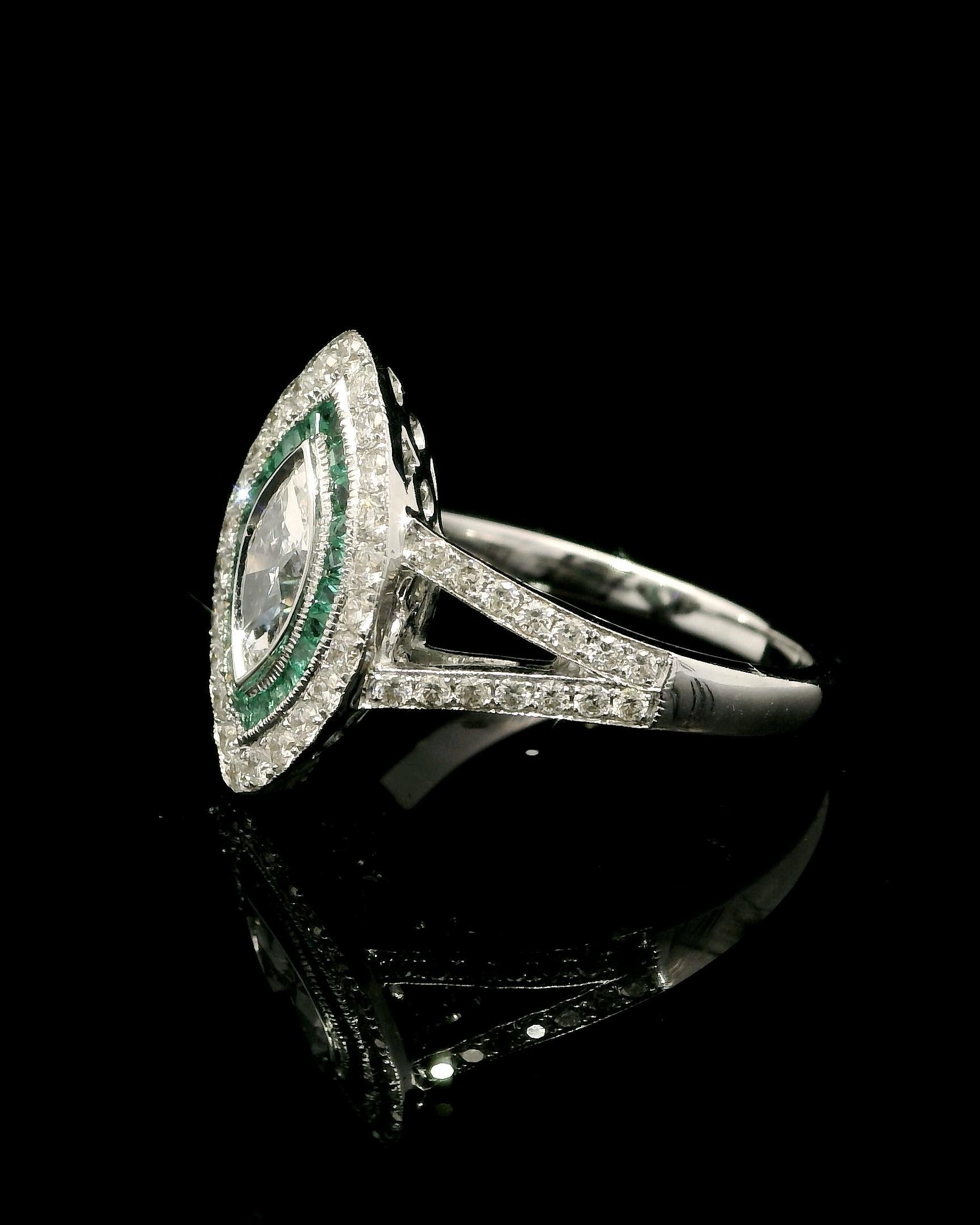 Unique Marquise Diamond Cocktail Ring With Pave Green Emeralds For Sale 4