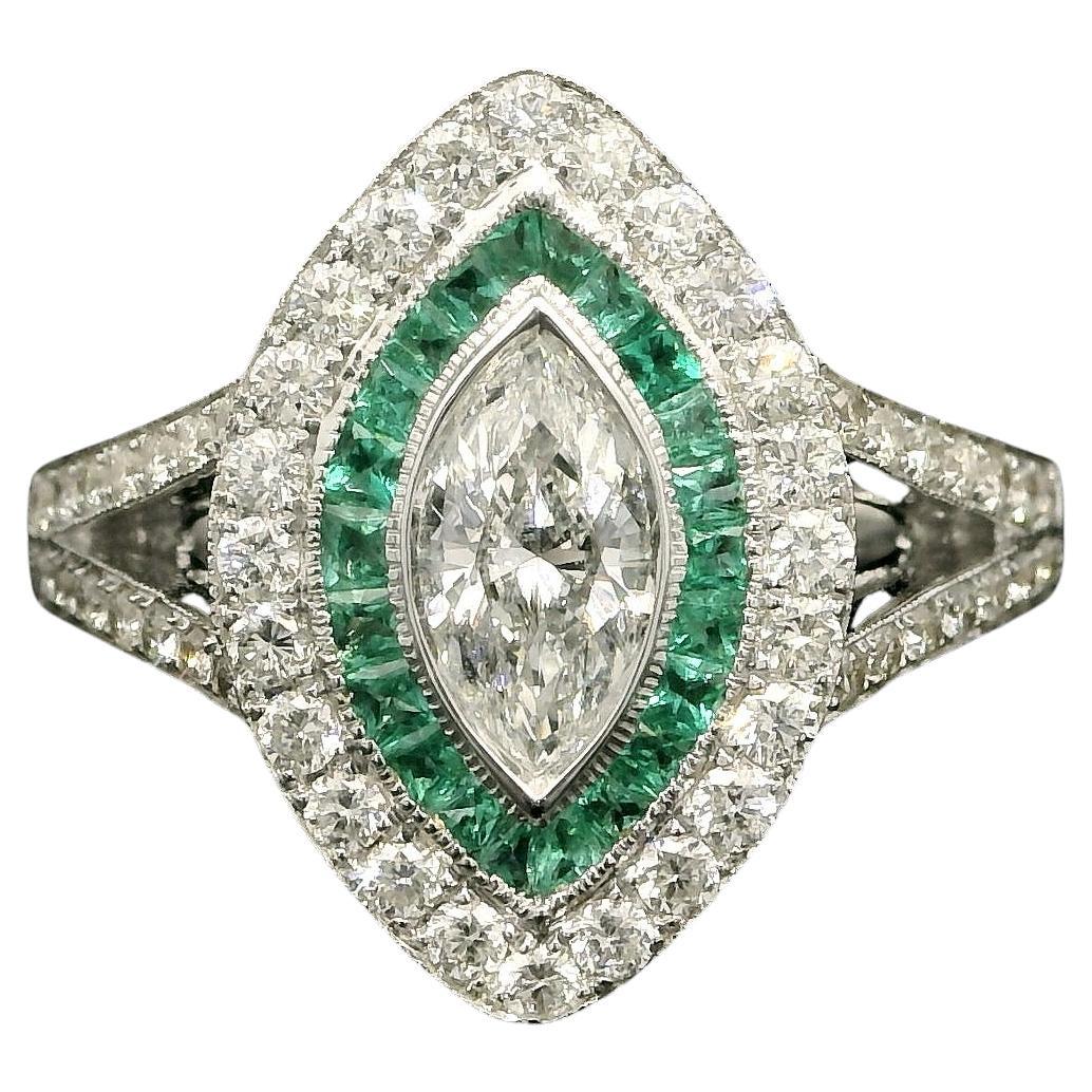 Unique Marquise Diamond Cocktail Ring With Pave Green Emeralds For Sale