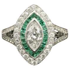 Unique Marquise Diamond Cocktail Ring With Pave Green Emeralds