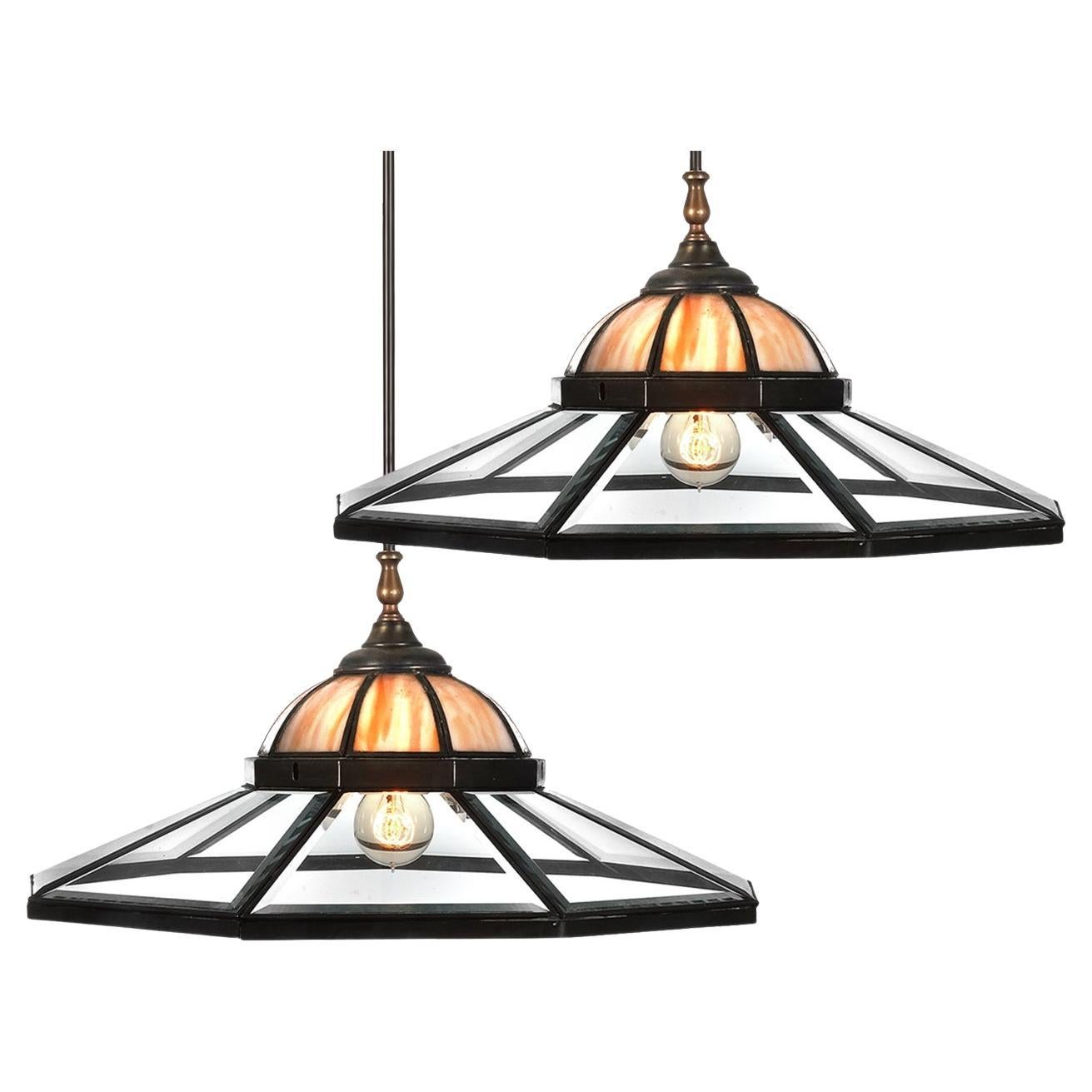 Unique Matching Pair of Beveled and Stained Glass 22 Inch Diameter Pendents For Sale