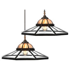 Unique Matching Pair of Beveled and Stained Glass 22 Inch Diameter Pendents