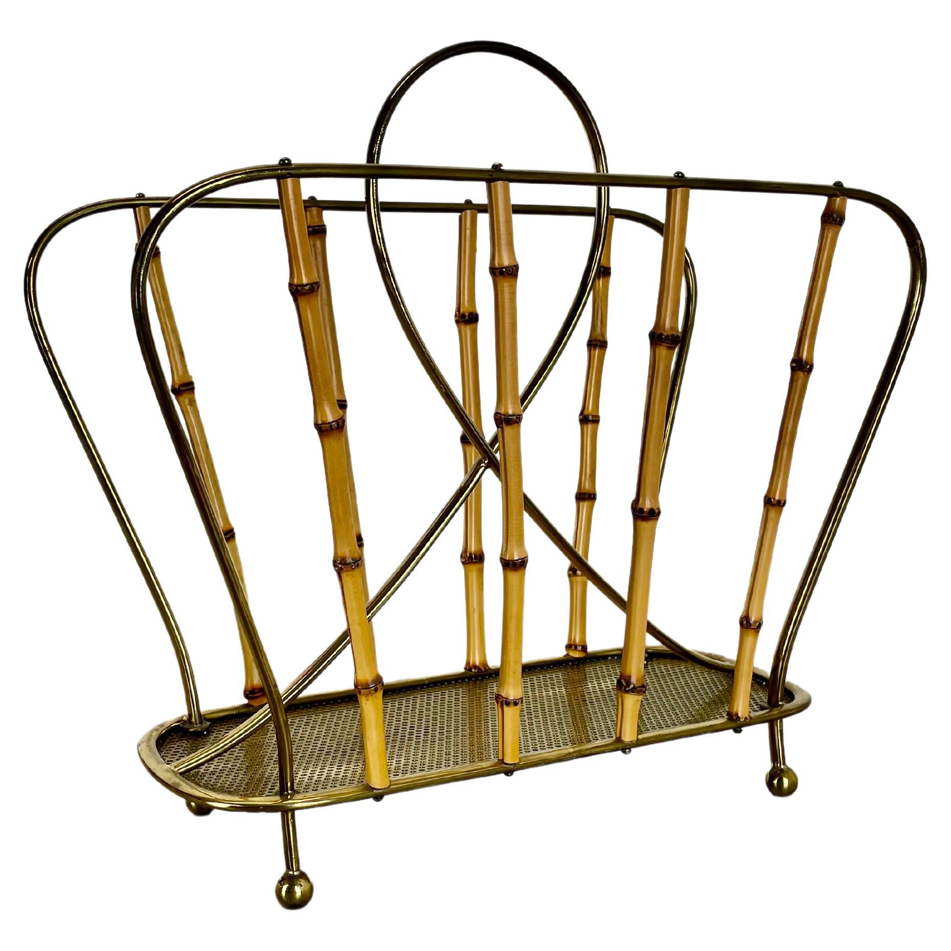 unique Mategot Aubock Style brass and bamboo Magazine Holder, Austria 1950s For Sale