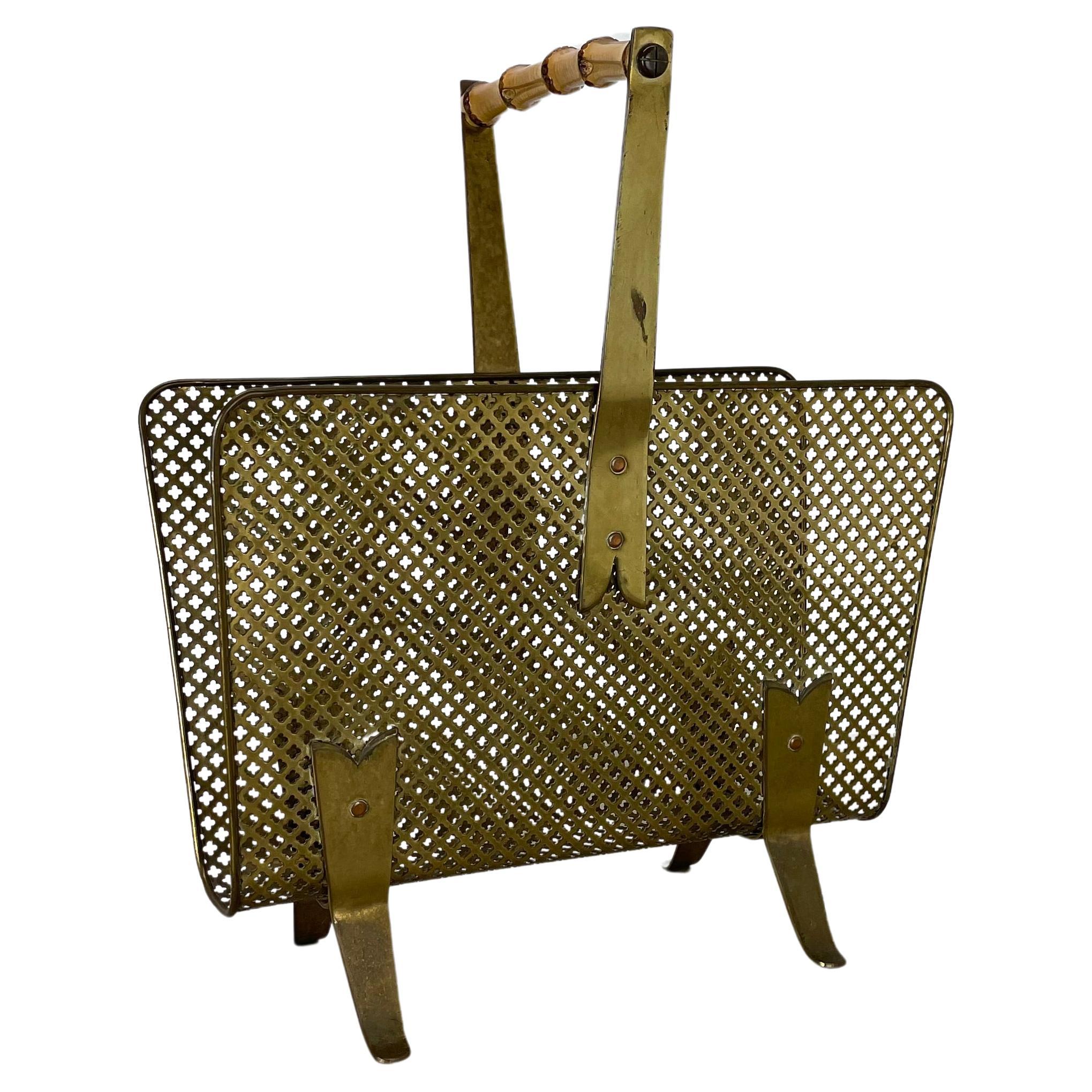 unique Mategot Aubock Style brass and bamboo Magazine Holder, Austria 1950s For Sale