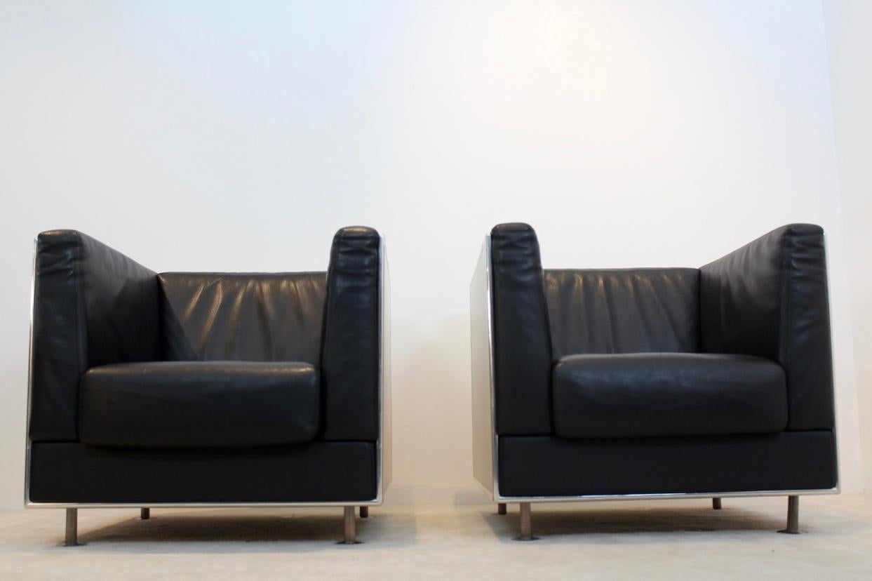 20th Century Unique Matteo Grassi Soft Leather Armchairs in Aluminium Shell Designed by Kuni For Sale