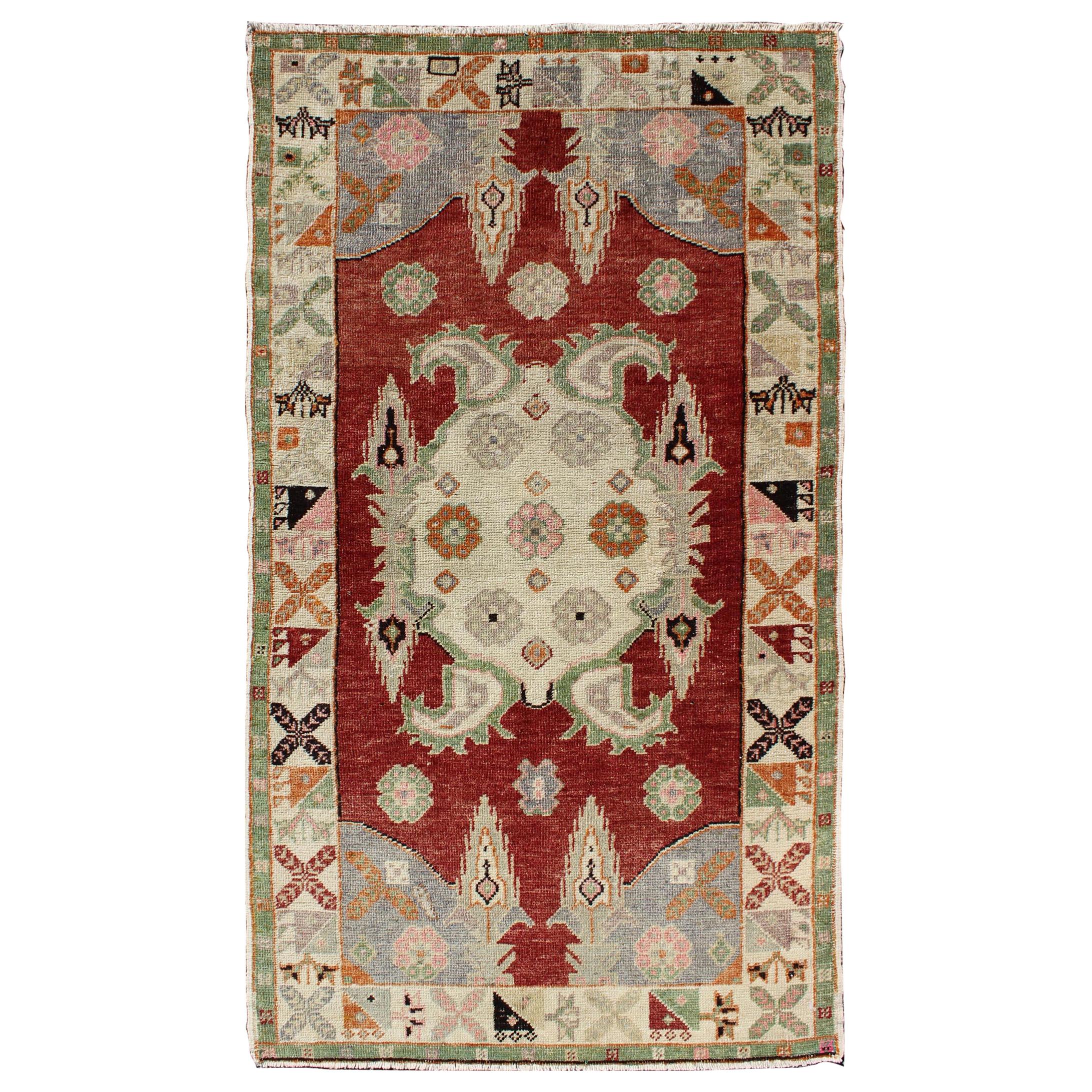 Unique Medallion Design Vintage Turkish Oushak Rug in Red and Green