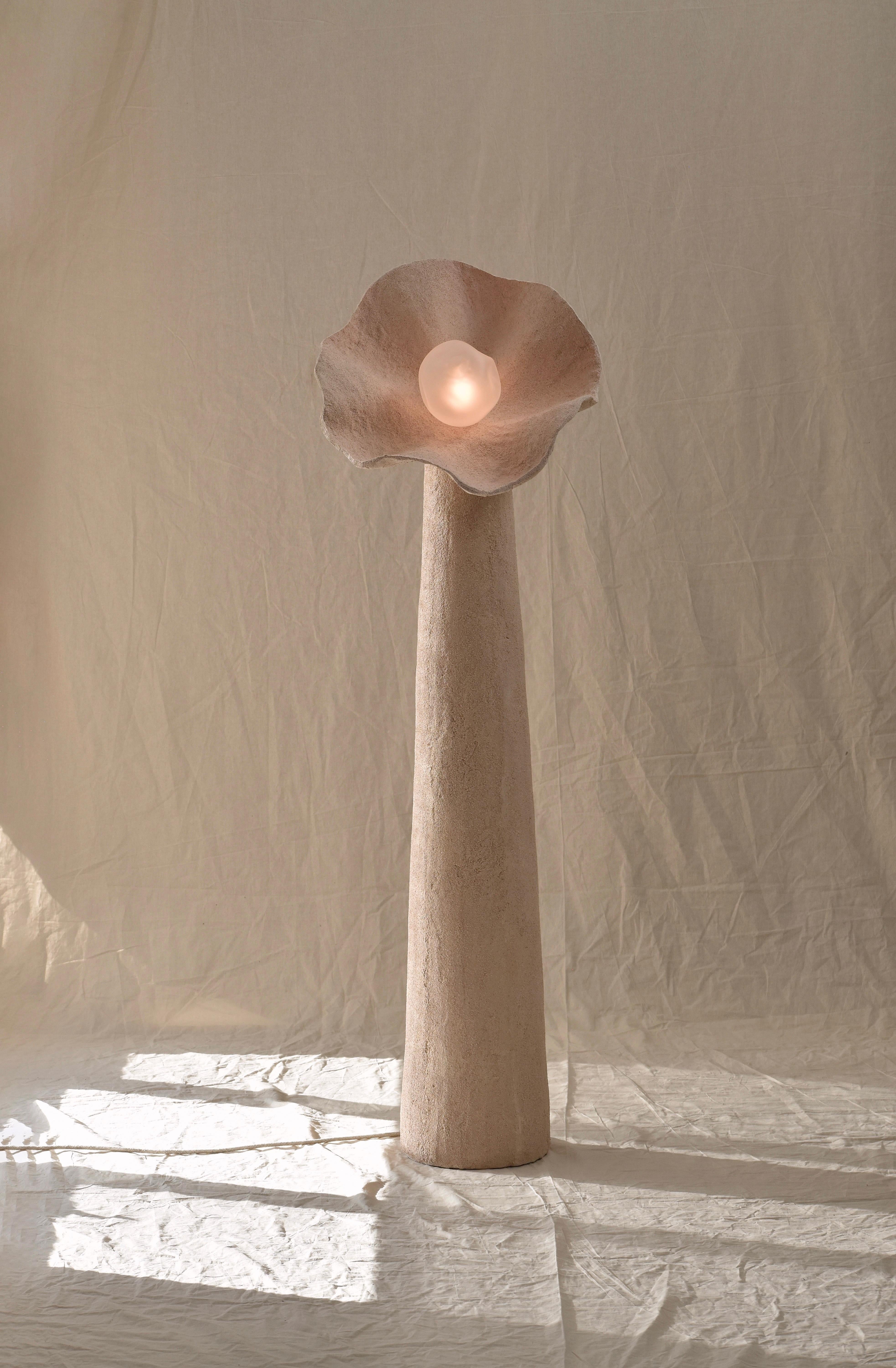 Unique, Medium Hand Blown Glass and Fabric Eggshell Bloom Lamp Joanne Odisho
Dimensions:  W 40 x D 40 x H 90 (top), W 18 (bottom)
Materials: Eggshell lamp shade, Eggshell Base, Hand Blown Glass Globe cover, Linen Fabric Cord. 

LIGHTING INCLUSIONS
•
