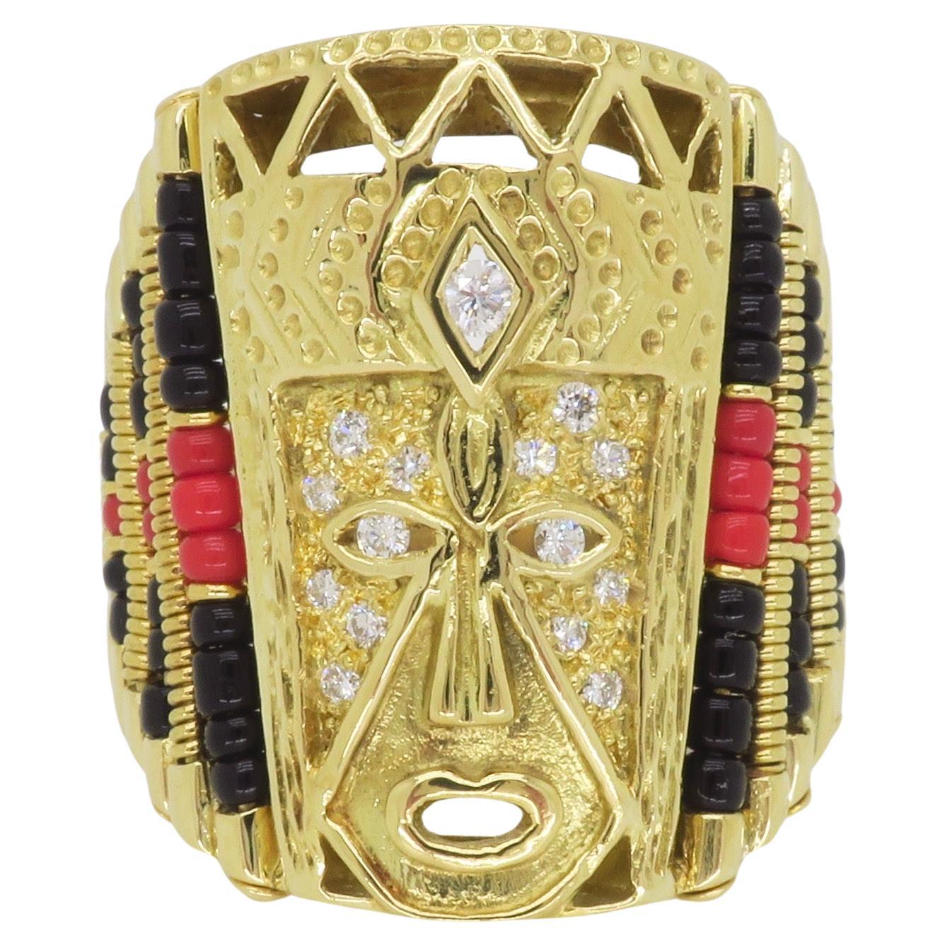 Unique Men's Diamond Cultural Ring in 18k Yellow Gold  For Sale