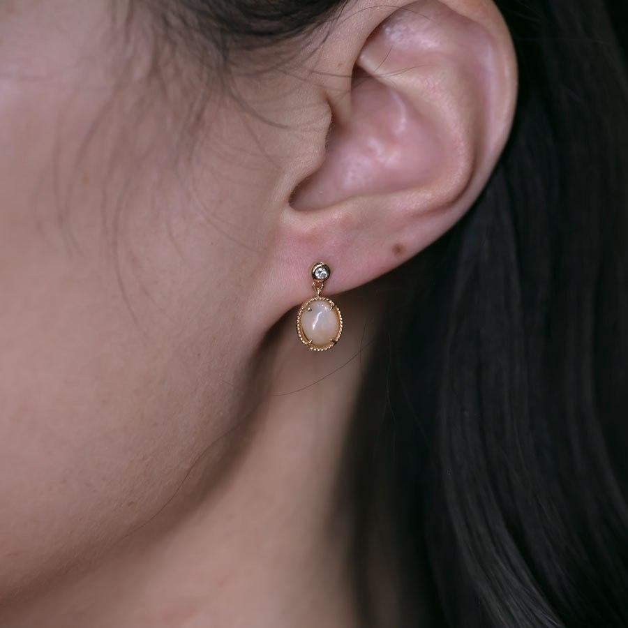 Arts and Crafts Unique Mexican Egg Fire Opal & Diamond Drop Earrings 18K Yellow Gold For Sale