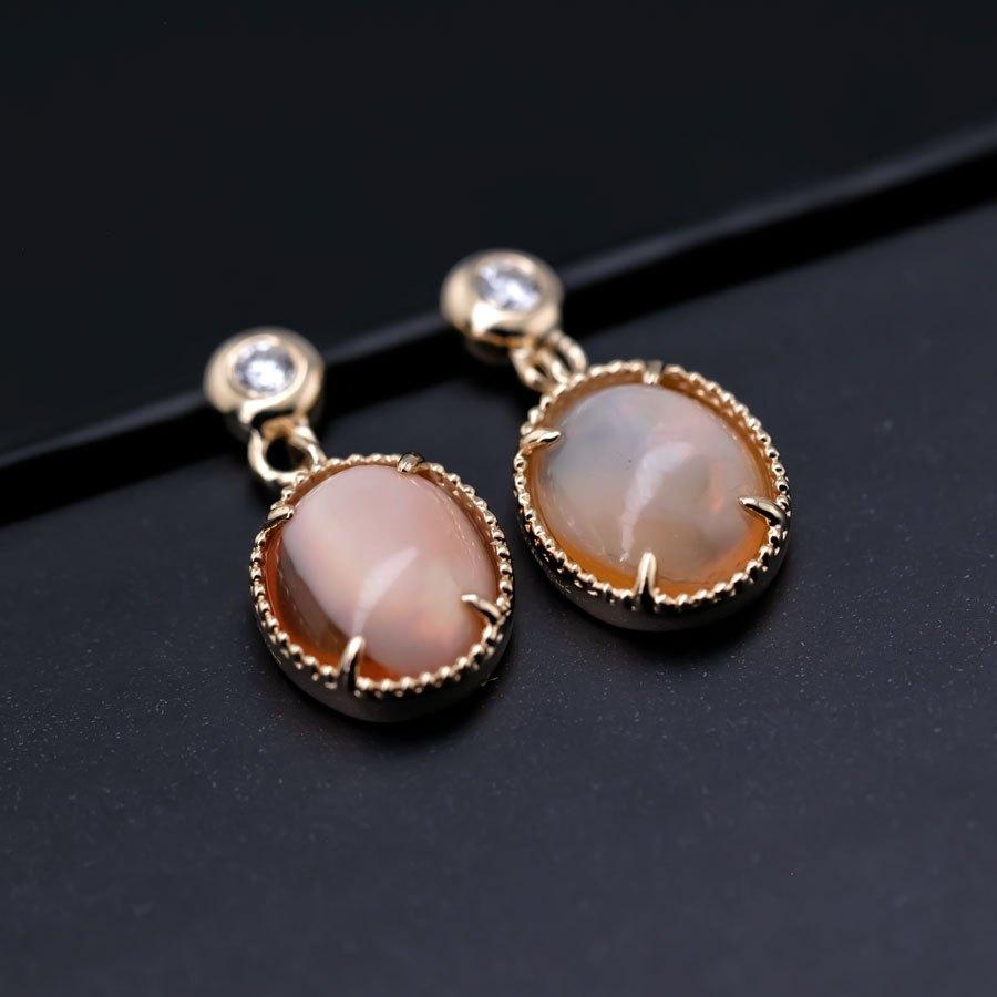 Brilliant Cut Unique Mexican Egg Fire Opal & Diamond Drop Earrings 18K Yellow Gold For Sale