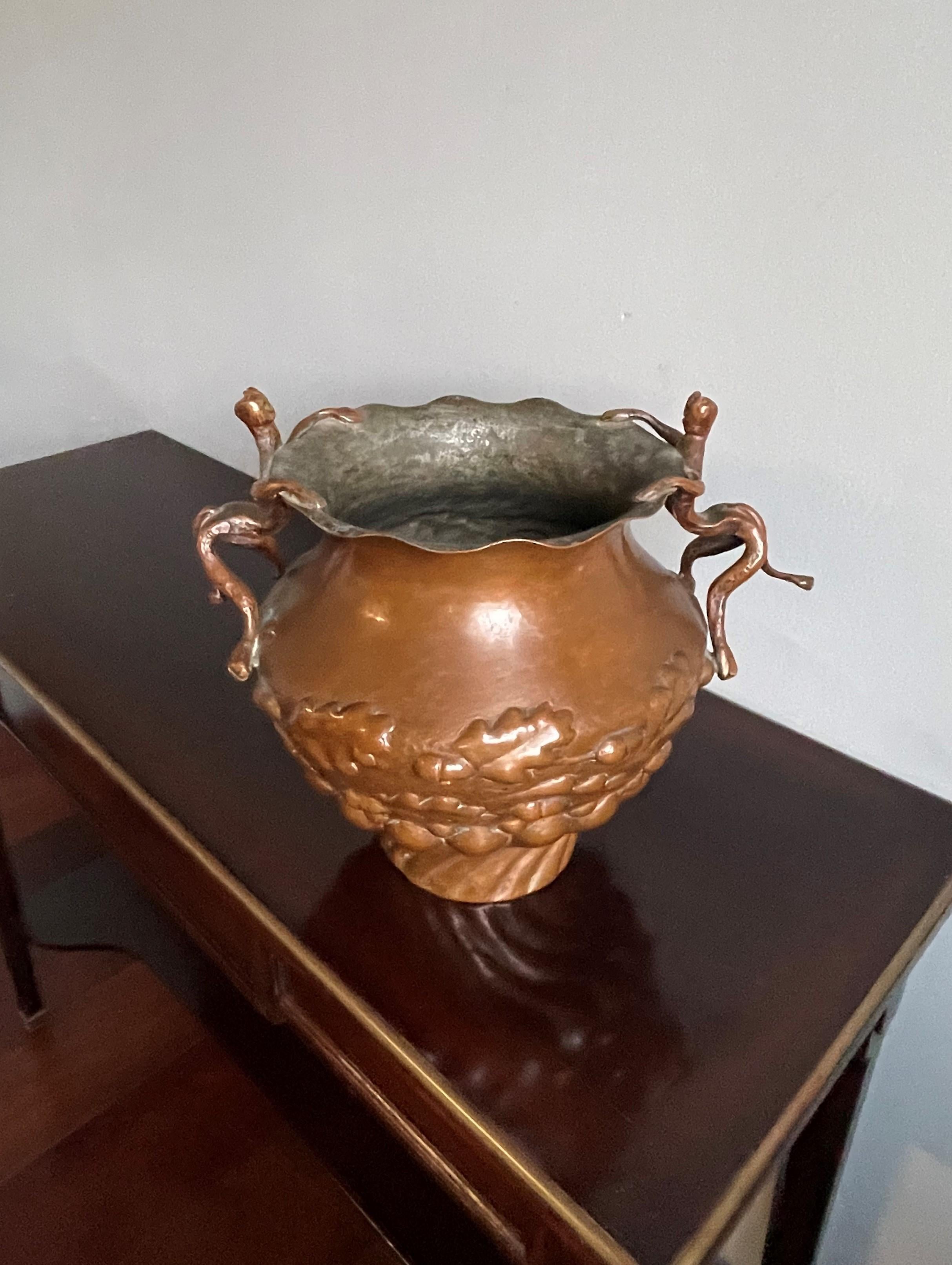 Unique Mid 1800s Embossed Copper Planter / Vase with Satyr Sculptures as Handles For Sale 5