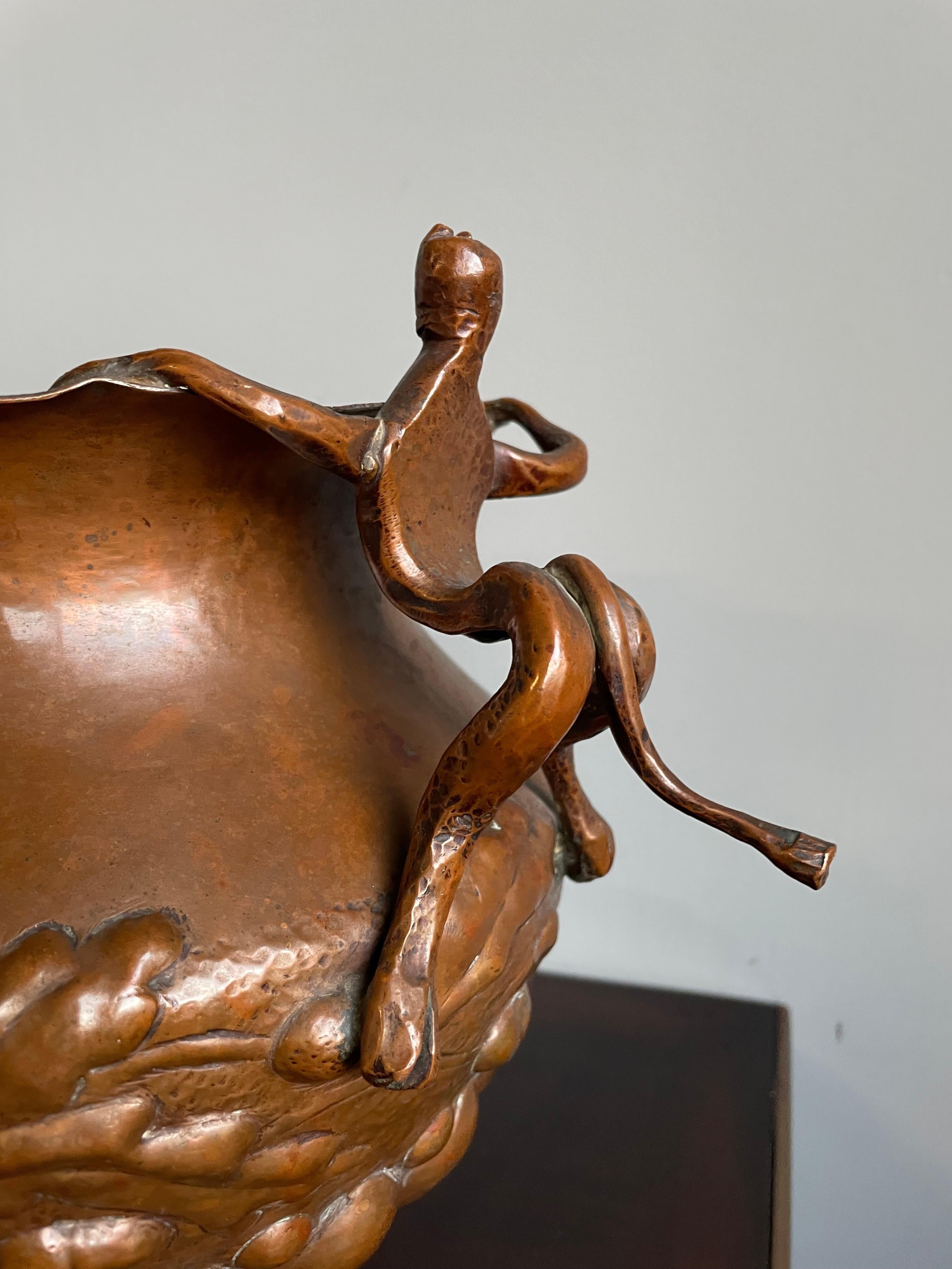 Unique Mid 1800s Embossed Copper Planter / Vase with Satyr Sculptures as Handles For Sale 7