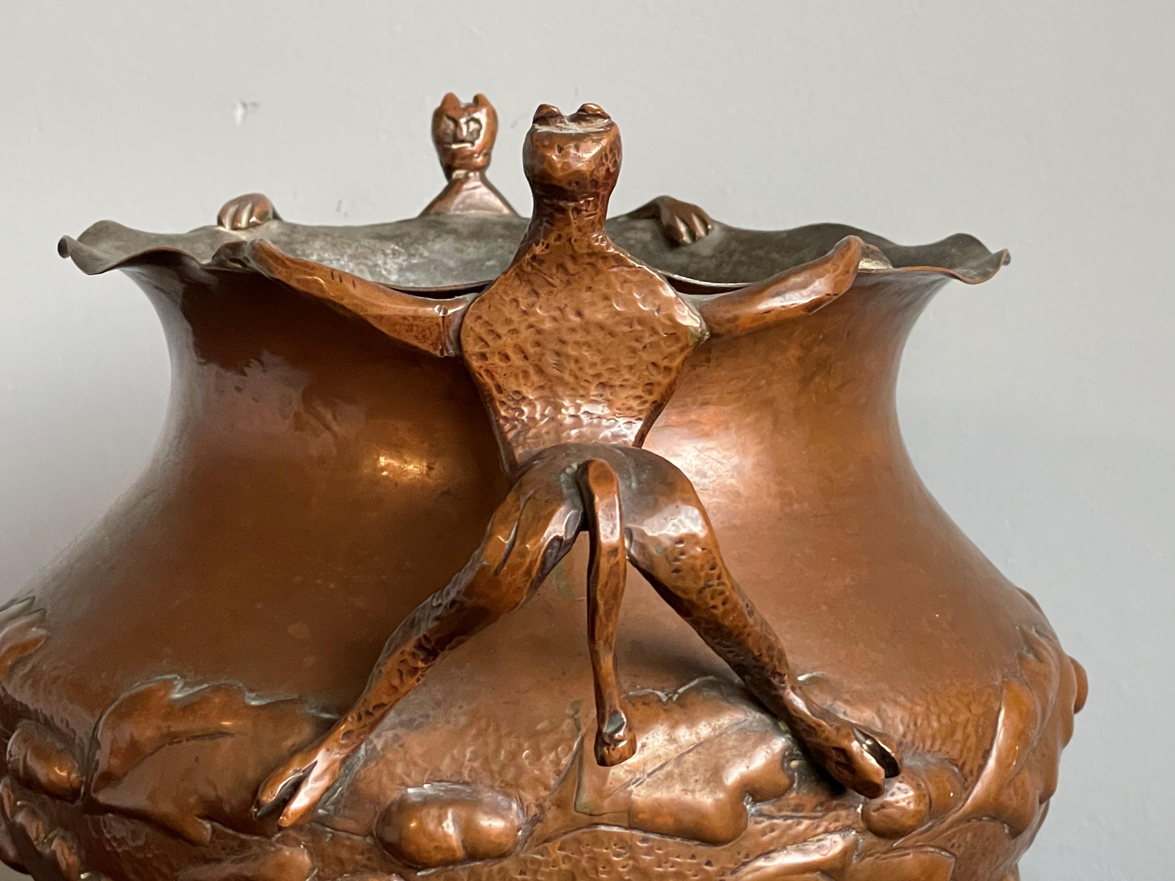 Early Victorian Unique Mid 1800s Embossed Copper Planter / Vase with Satyr Sculptures as Handles For Sale