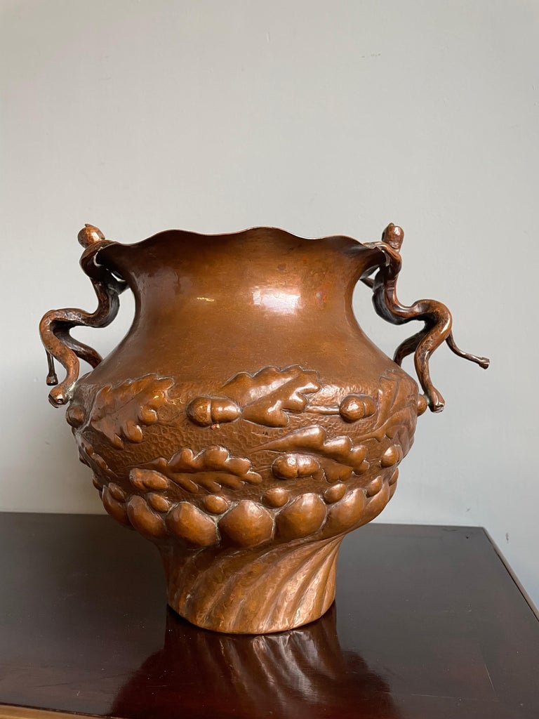 Unique Mid 1800s Embossed Copper Planter / Vase with Satyr Sculptures as Handles For Sale at 1stDibs
