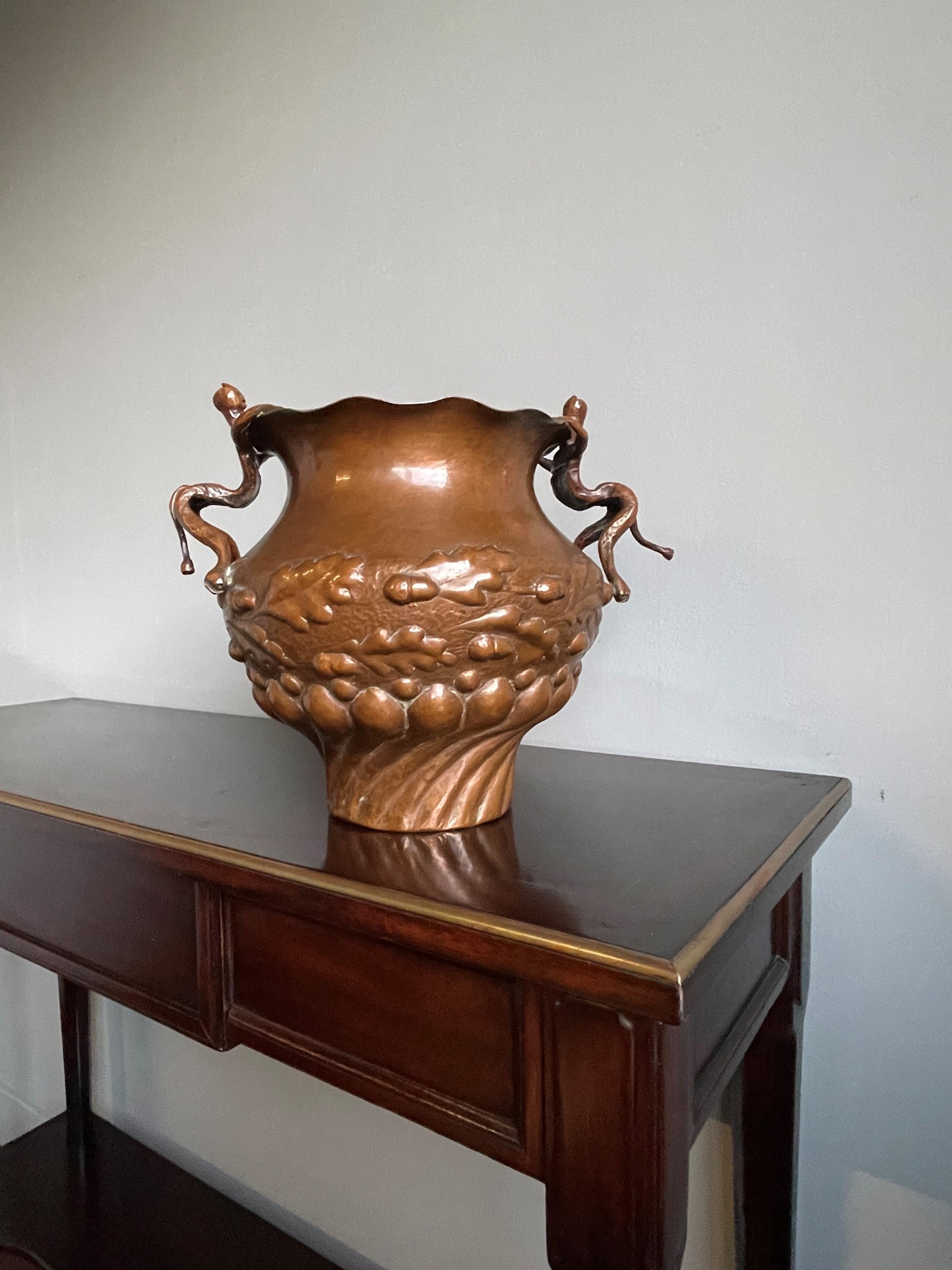 19th Century Unique Mid 1800s Embossed Copper Planter / Vase with Satyr Sculptures as Handles For Sale