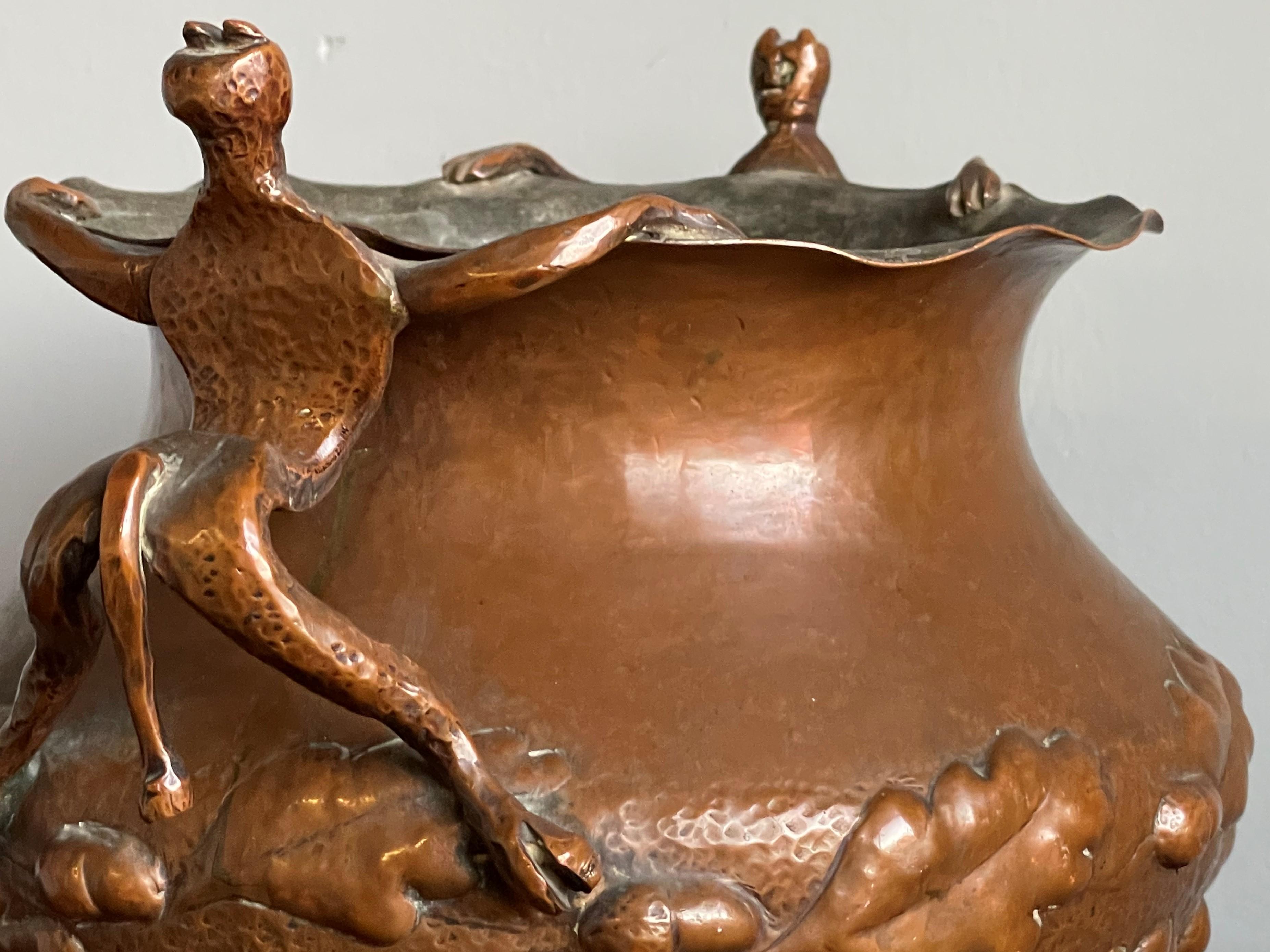 Unique Mid 1800s Embossed Copper Planter / Vase with Satyr Sculptures as Handles For Sale 3