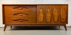 Unique Mid-Century Burl and Walnut Diamond Motif Credenza