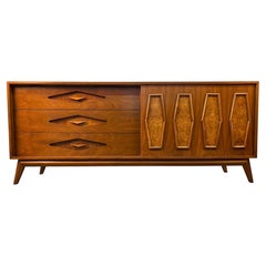 Unique Mid-Century Burl and Walnut Diamond Motif Credenza