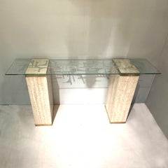 Unique Mid-Century Console Table with Engraved Abstract Expressionist Glass Top