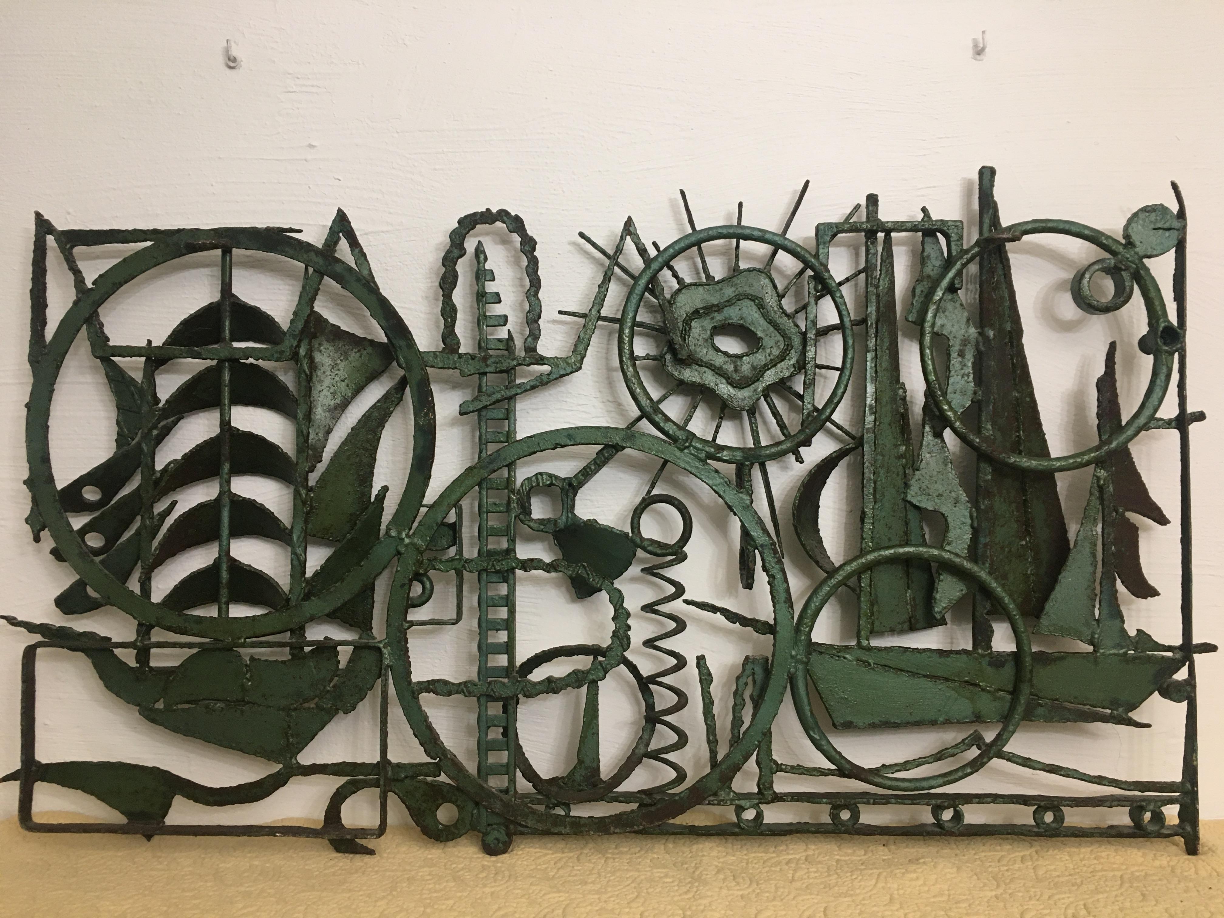 Mid-Century Iron Wall Art Sculpture featuring Sailboats Signed  For Sale 1
