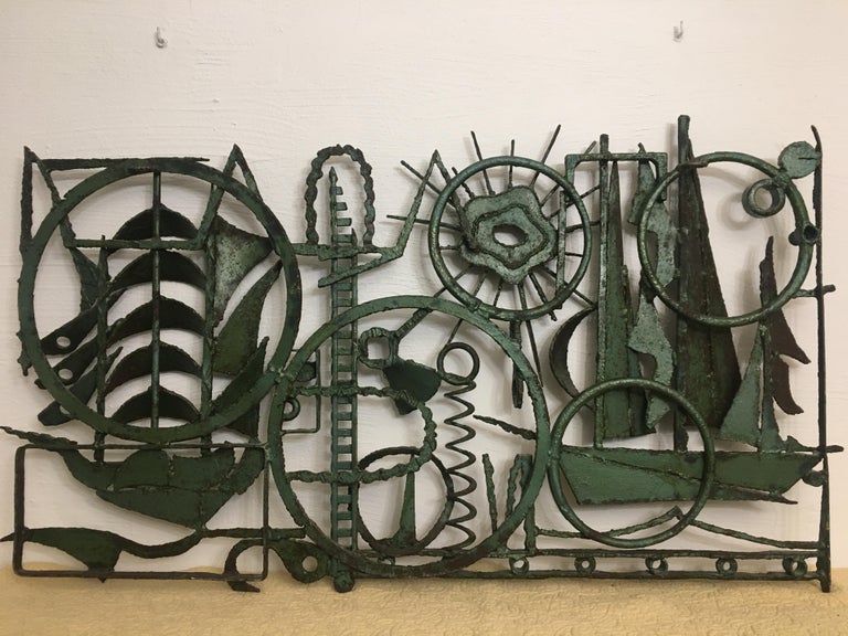 Unique MidCentury Iron Wall Art Sculpture featuring Sailboats, Signed